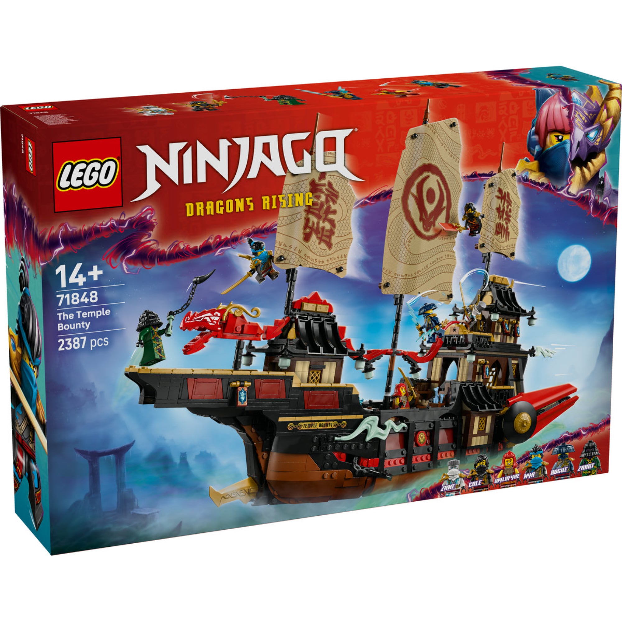 LEGO NINJAGO The Temple Bounty (71848) dobozkép előlnézet – A díszdobozon a hatalmas hajó és a mellékelt nindzsa karakterek akcióban.