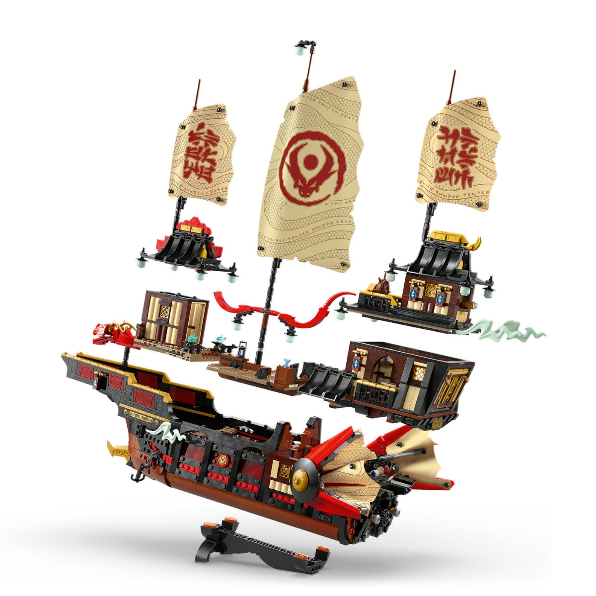LEGO NINJAGO The Temple Bounty (71848) hajó szétszedhető modulokkal – A hajó részletei és belső szobái külön elemekre bontva.