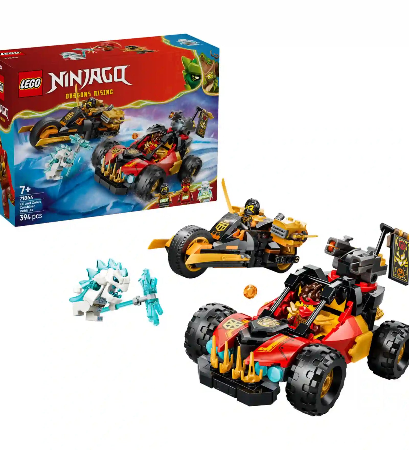 LEGO NINJAGO Kai és Cole kombinált járművei (71864) teljes készletképe a dobozzal, Kai terepjárójával, Cole motorjával és a jégharcos minifigurával.