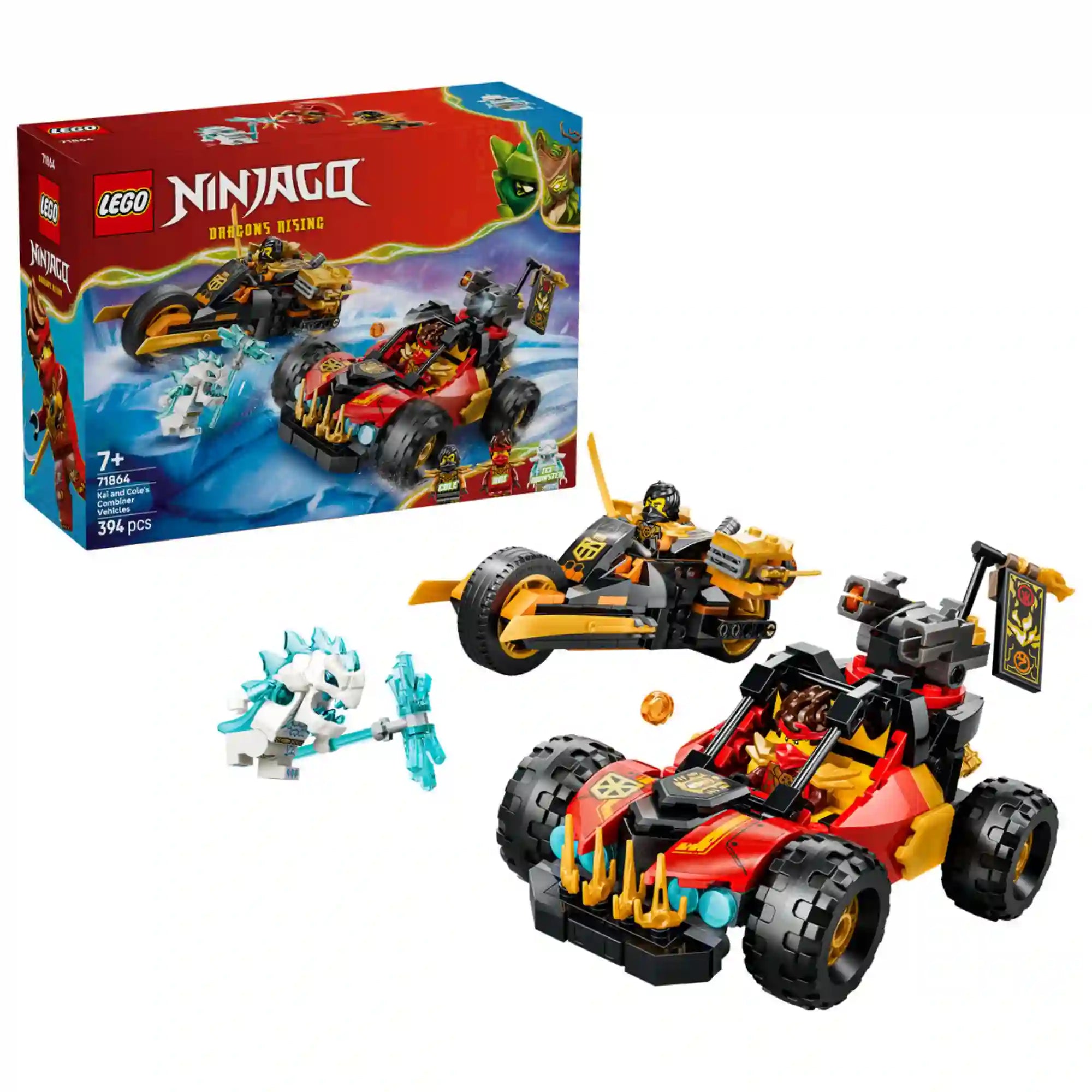 LEGO NINJAGO Kai és Cole kombinált járművei (71864) teljes készletképe a dobozzal, Kai terepjárójával, Cole motorjával és a jégharcos minifigurával.