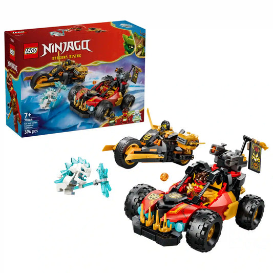 LEGO NINJAGO Kai és Cole kombinált járművei (71864) teljes készletképe a dobozzal, Kai terepjárójával, Cole motorjával és a jégharcos minifigurával.
