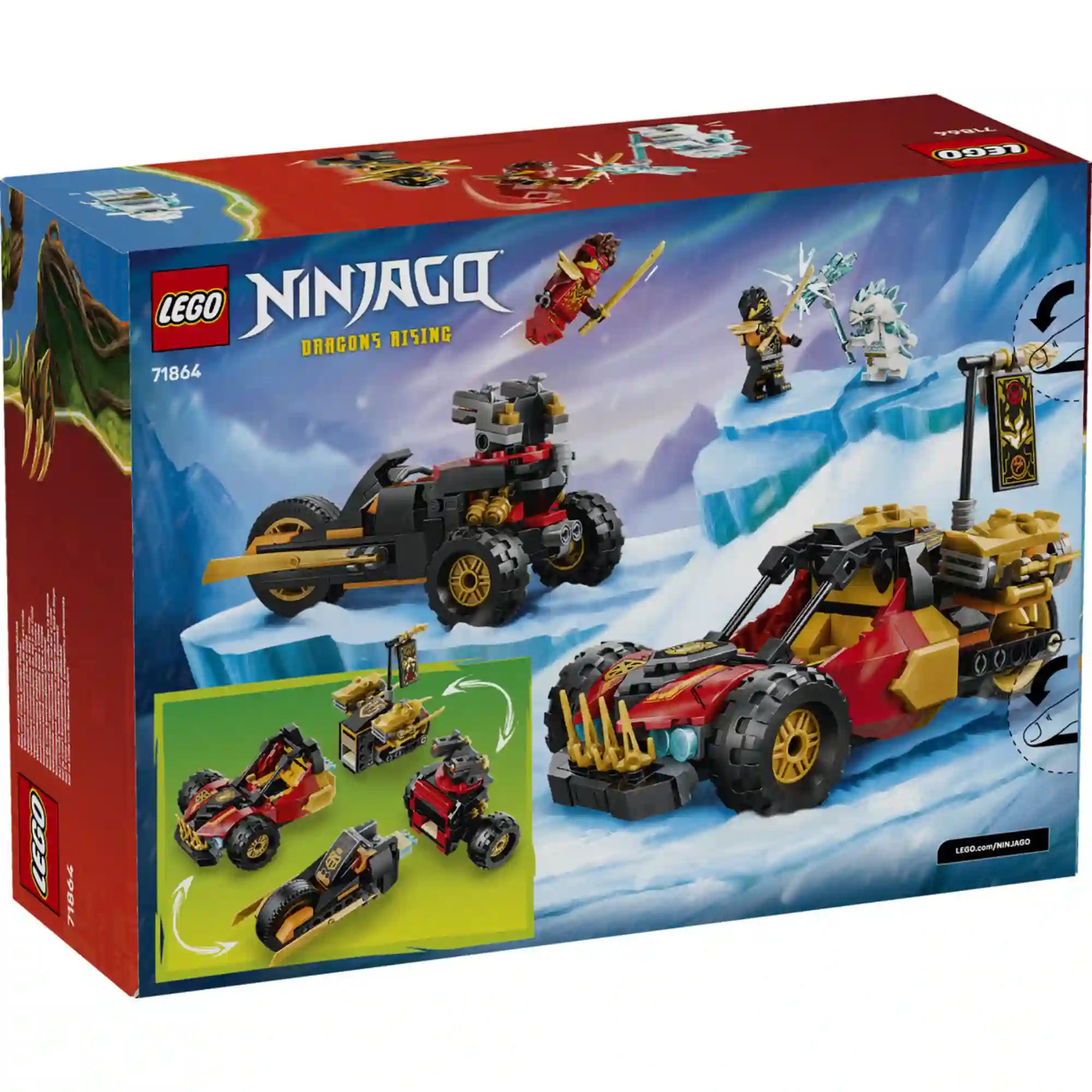 LEGO NINJAGO Kai és Cole kombinált járművei (71864) dobozának hátoldala, a szétválasztható járművek és a játékfunkciók bemutatásával.