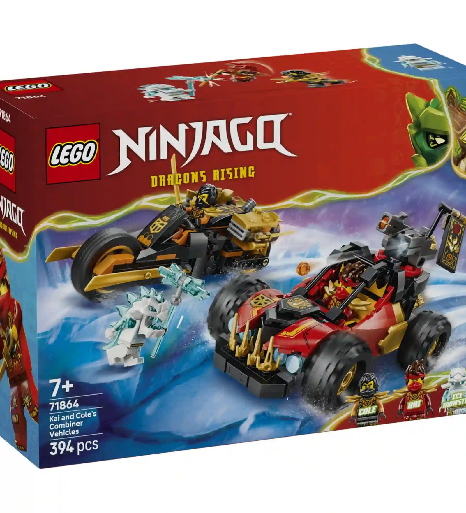 LEGO NINJAGO Kai és Cole kombinált járművei (71864) készlet dobozképe, Kai homokfutójával, Cole motorkerékpárjával és a jégharcos figurával.