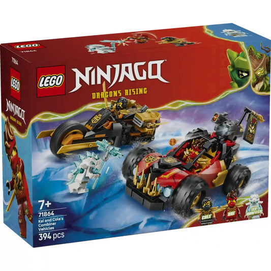 LEGO NINJAGO Kai és Cole kombinált járművei (71864) készlet dobozképe, Kai homokfutójával, Cole motorkerékpárjával és a jégharcos figurával.