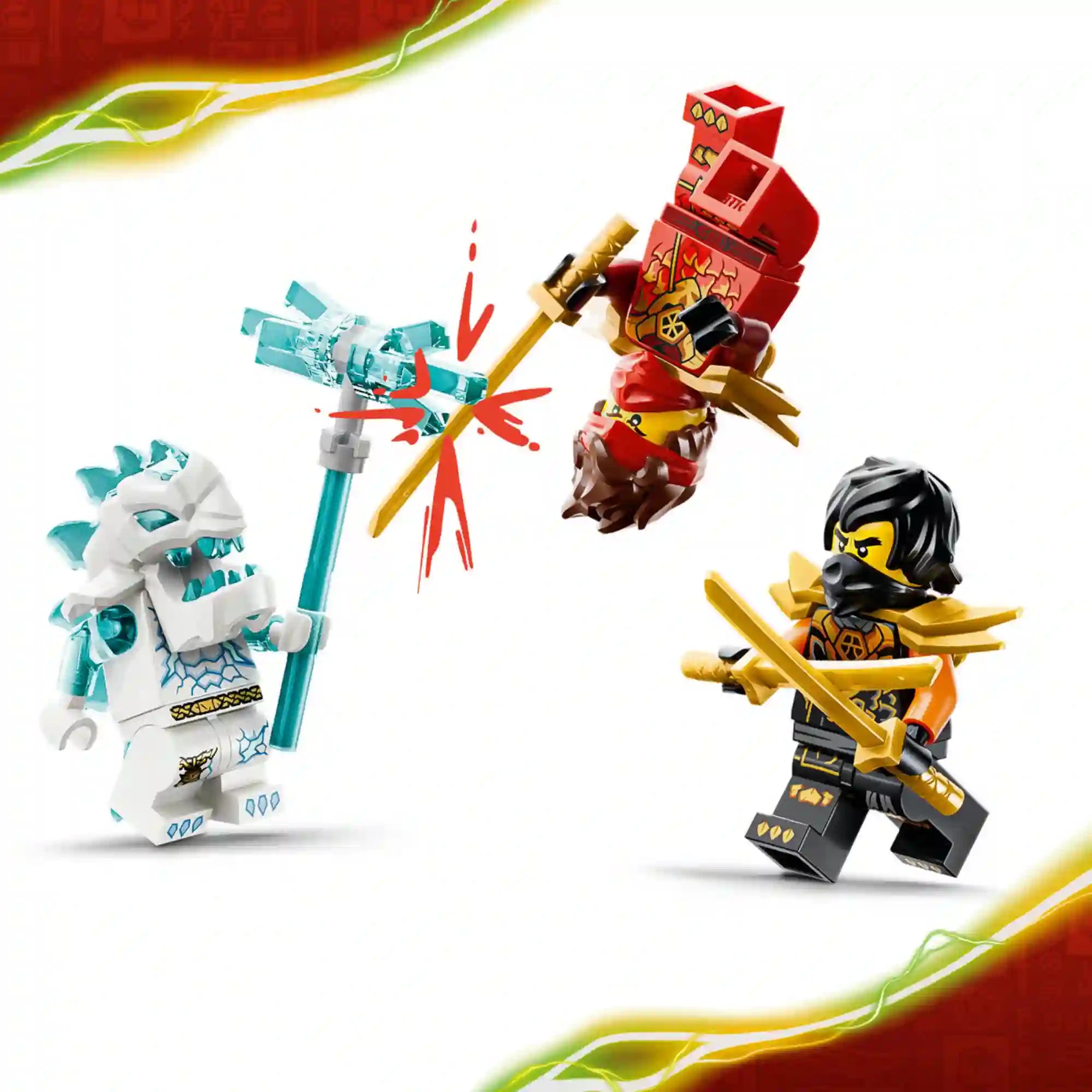LEGO NINJAGO Kai és Cole kombinált járművei (71864) minifigurái akciójelenetben, Kai, Cole és egy jégharcos ellenfél fegyveres összecsapás közben.