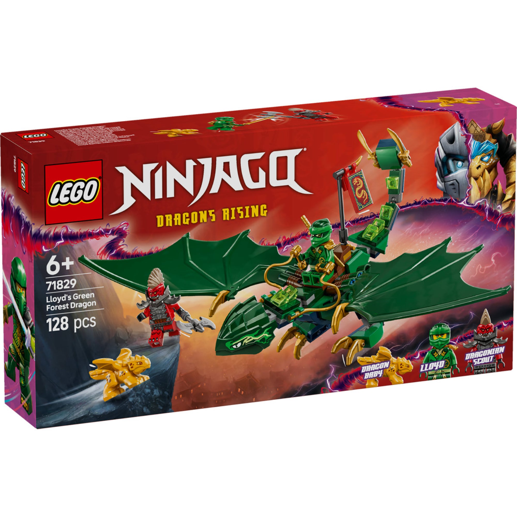 LEGO Ninjago Lloyd Zöld Erdei Sárkánya 71829 dobozkép, amely bemutatja a hajlítható sárkányt, Lloyd és Dragoniai Őr minifigurákat, valamint az Aranysárkány babát.