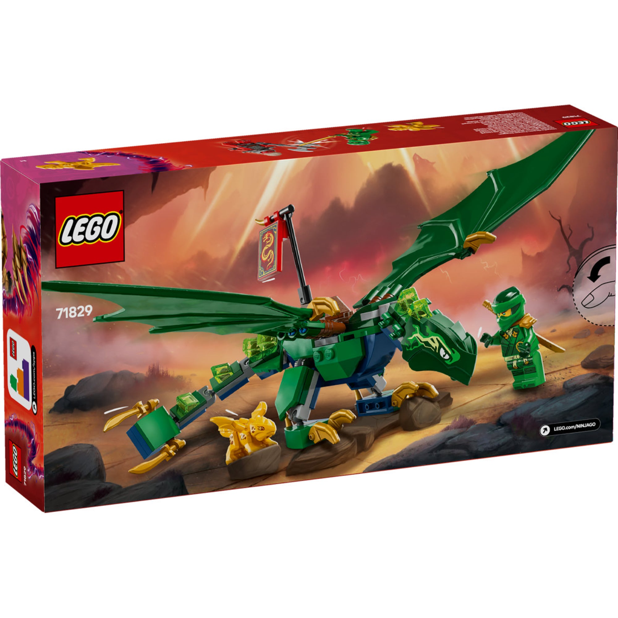 A LEGO Ninjago Lloyd Zöld Erdei Sárkánya 71829 szett hátoldali dobozképe, amelyen Lloyd minifigurája látható a zöld, hajlítható sárkányával és az aranysárkány bébivel egy drámai, vöröses égbolt előtt.