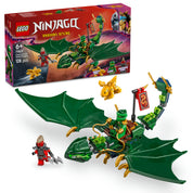 loyd Zöld Erdei Sárkánya LEGO Ninjago 71829 készlet, amely Lloydot és a zöld sárkányát ábrázolja harci pózban, aranysárkány bébivel és egy ellenséges minifigurával.