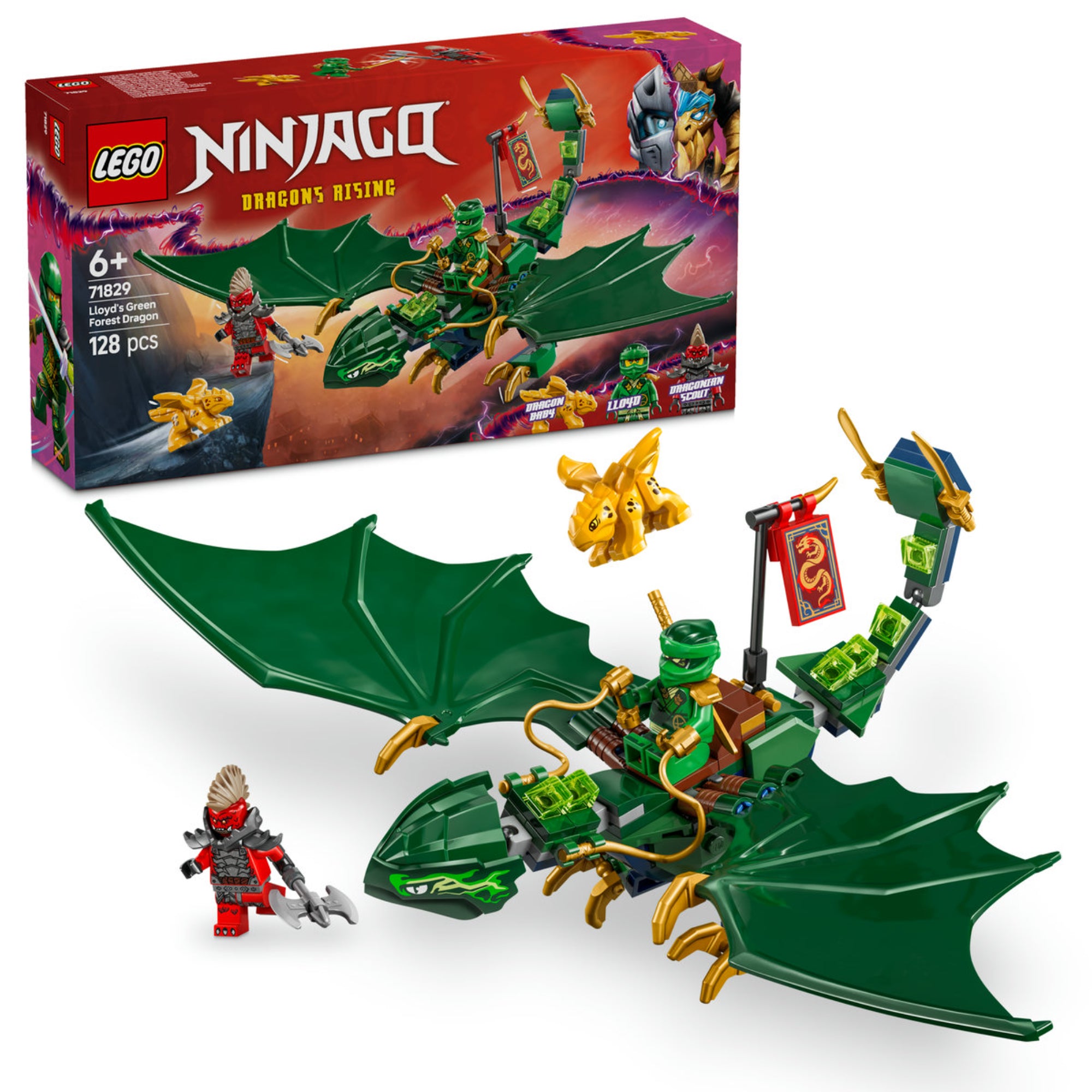 loyd Zöld Erdei Sárkánya LEGO Ninjago 71829 készlet, amely Lloydot és a zöld sárkányát ábrázolja harci pózban, aranysárkány bébivel és egy ellenséges minifigurával.
