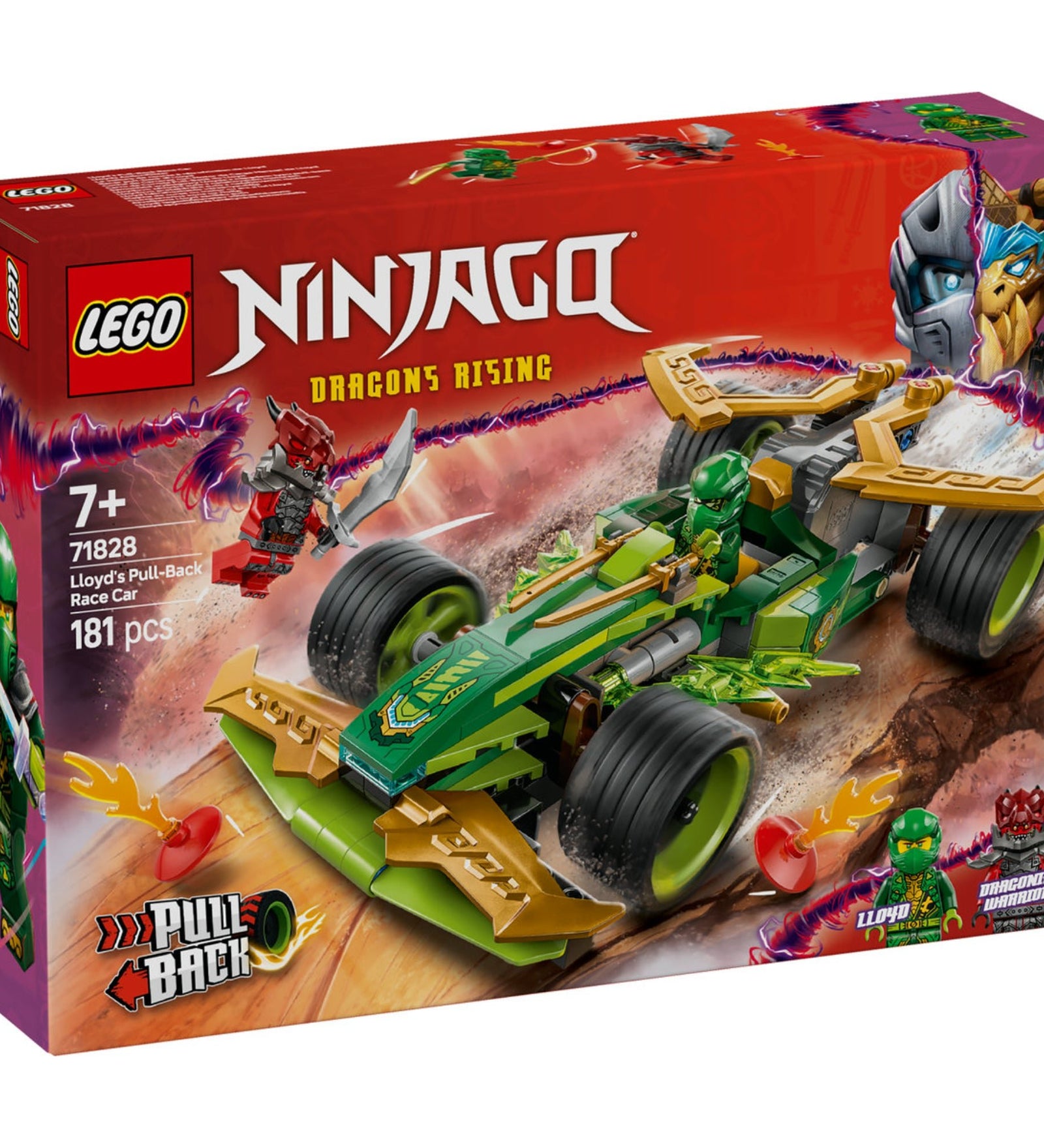 LEGO NINJAGO Lloyd húzható versenyautójának 71828 csomagolása, amelyen a versenyautó villámgyors mozgása és a mellékelt Lloyd és Dragoniai harcos minifigurák láthatók.