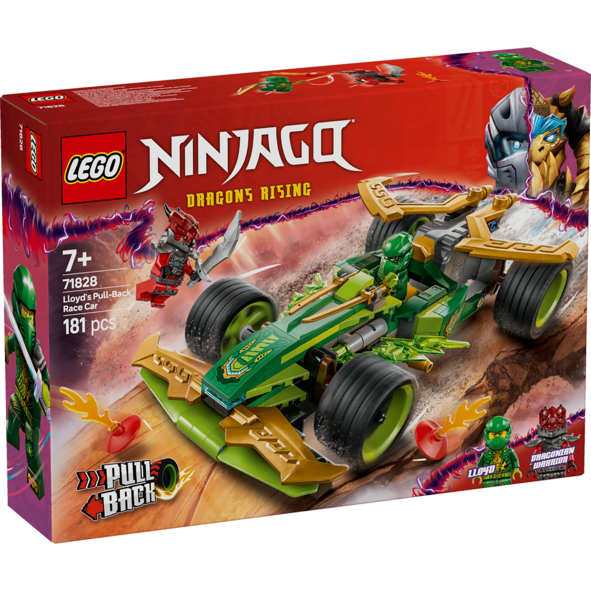 LEGO NINJAGO Lloyd húzható versenyautójának 71828 csomagolása, amelyen a versenyautó villámgyors mozgása és a mellékelt Lloyd és Dragoniai harcos minifigurák láthatók.