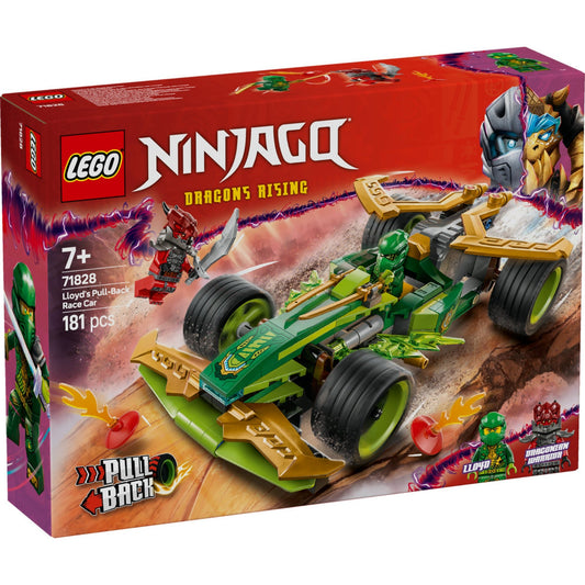 LEGO NINJAGO Lloyd húzható versenyautójának 71828 csomagolása, amelyen a versenyautó villámgyors mozgása és a mellékelt Lloyd és Dragoniai harcos minifigurák láthatók.