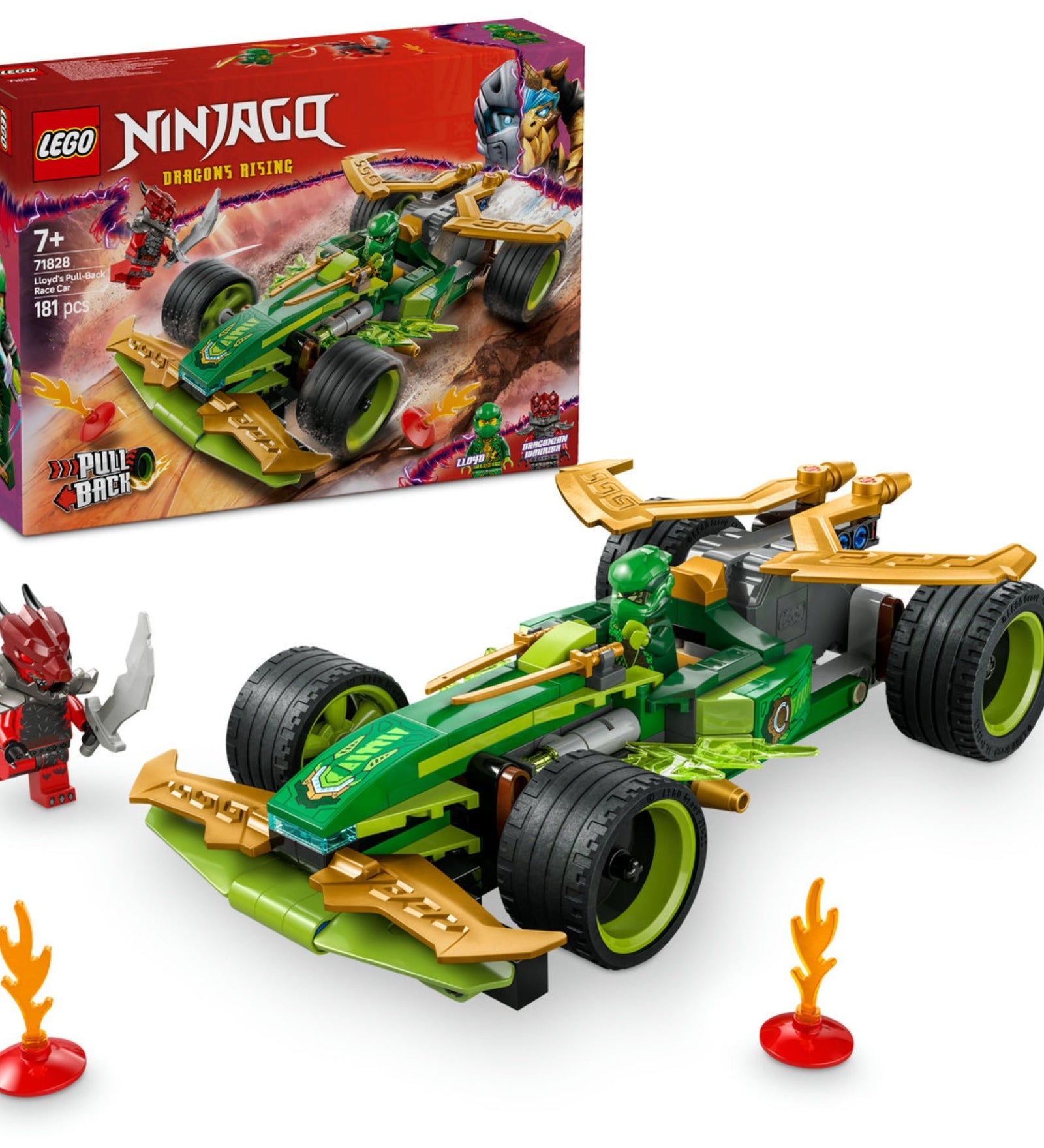 A LEGO NINJAGO Lloyd húzható versenyautója 71828 teljes szépségében, összerakva és akcióra készen. A csomagban található Lloyd és a Dragonian harcos minifigurák, valamint láng elemek és aranyszínű díszítések, amelyek még izgalmasabbá teszik a versenyzést.
