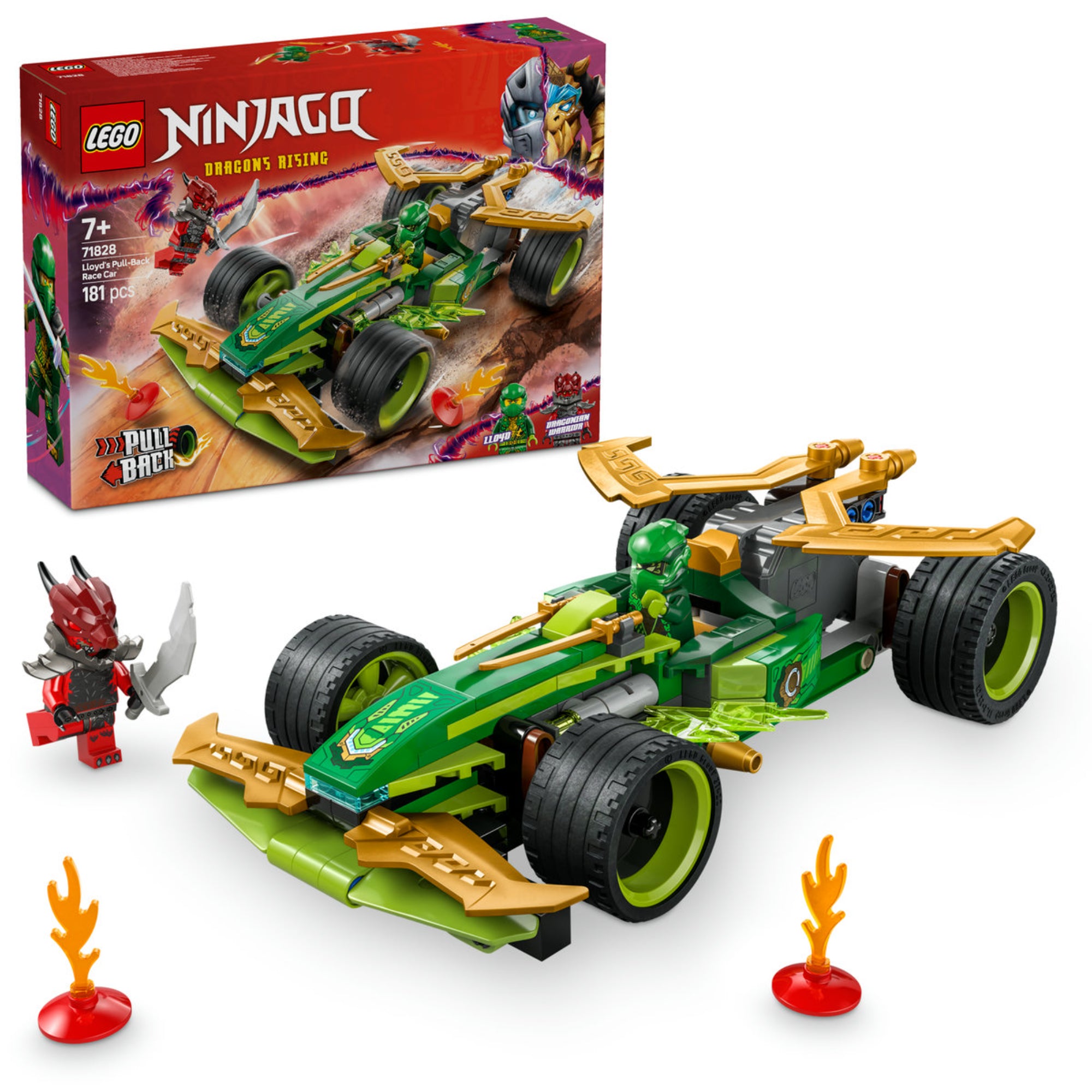 A LEGO NINJAGO Lloyd húzható versenyautója 71828 teljes szépségében, összerakva és akcióra készen. A csomagban található Lloyd és a Dragonian harcos minifigurák, valamint láng elemek és aranyszínű díszítések, amelyek még izgalmasabbá teszik a versenyzést.