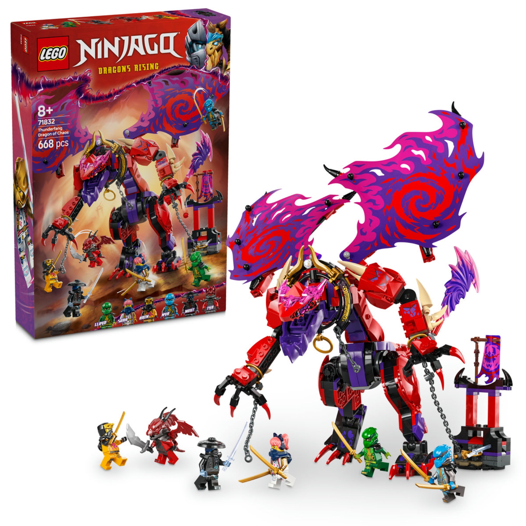 LEGO Ninjago Thunderfang, a káosz sárkánya 71832 lego doboza és annak készletet látható, amelyen Thunderfang jelenik más ikonikus karakterekkel együtt. 