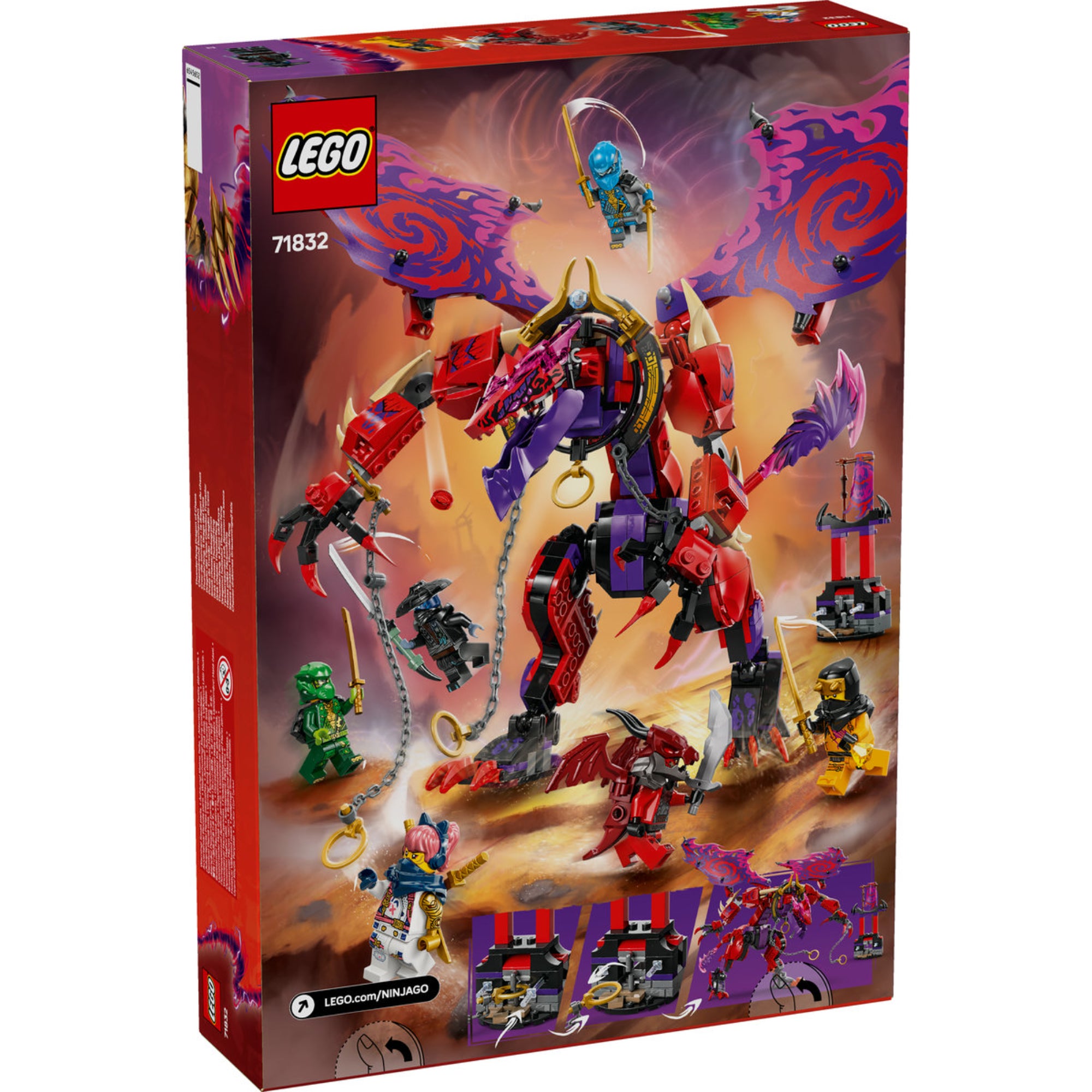 LEGO Ninjago Thunderfang, a káosz sárkánya 71832 lego dobozának hátoldala jelenik meg, amelyen Thunderfang más ikonikus karakterekkel harcol. 