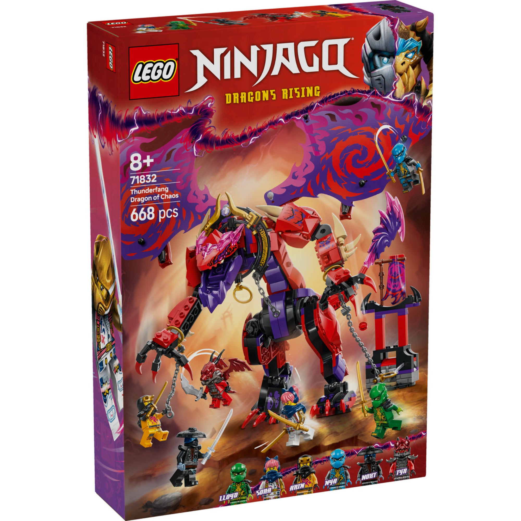 LEGO Ninjago Thunderfang, a káosz sárkánya 71832 lego doboza, amelyen Thunderfang jelenik más ikonikus karakterekkel együtt. A doboz egy harcjelenetet ábrázol, a vörös és a lila színek dominálnak a képen. 