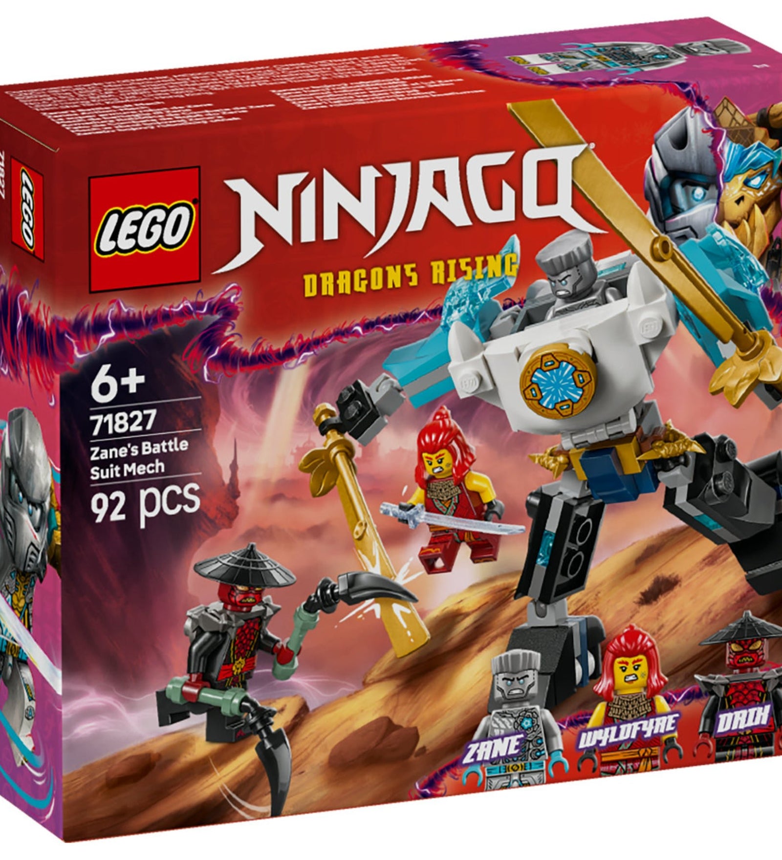 A LEGO NINJAGO Zane harci robotruhája 71827 doboza, amely egy mozgatható robotot és három minifigurát tartalmaz: Zane, Wyldfyre és Drix karaktereit.