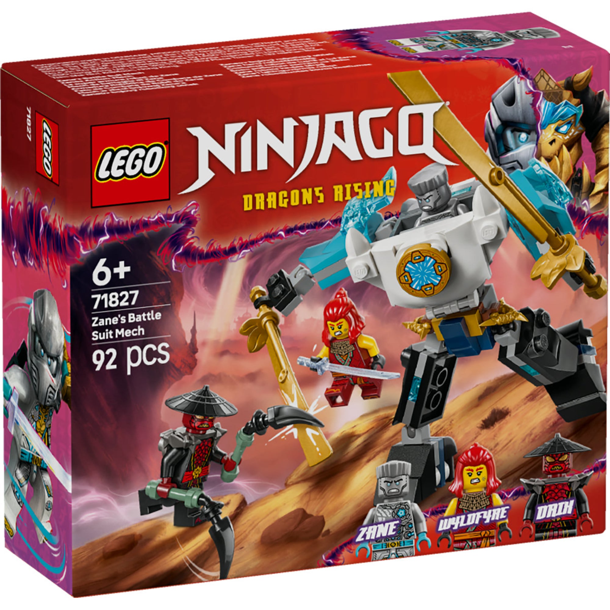 A LEGO NINJAGO Zane harci robotruhája 71827 doboza, amely egy mozgatható robotot és három minifigurát tartalmaz: Zane, Wyldfyre és Drix karaktereit.