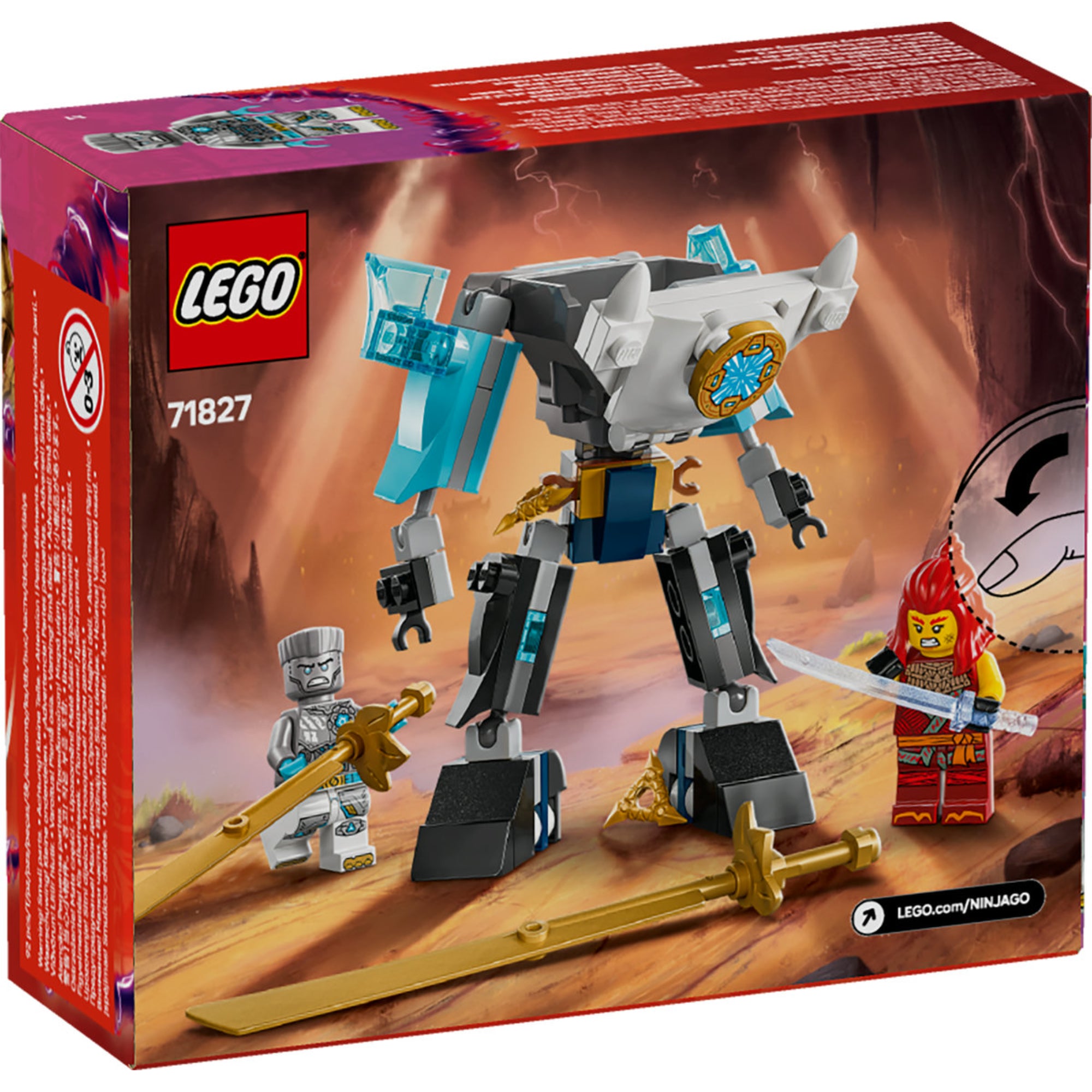 A LEGO NINJAGO Zane harci robotruhája 71827 szett hátoldali doboza, amelyen a robot mozgatható karjai és lábai, valamint Zane és Wyldfyre minifigurák láthatók fegyverekkel.