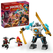 A LEGO NINJAGO Zane harci robotruhája 71827 szett, amely Zane robotjával, Wyldfyre és Drix minifigurákkal látható. Mindegyikük fegyverekkel és részletgazdag kiegészítőkkel van ellátva.