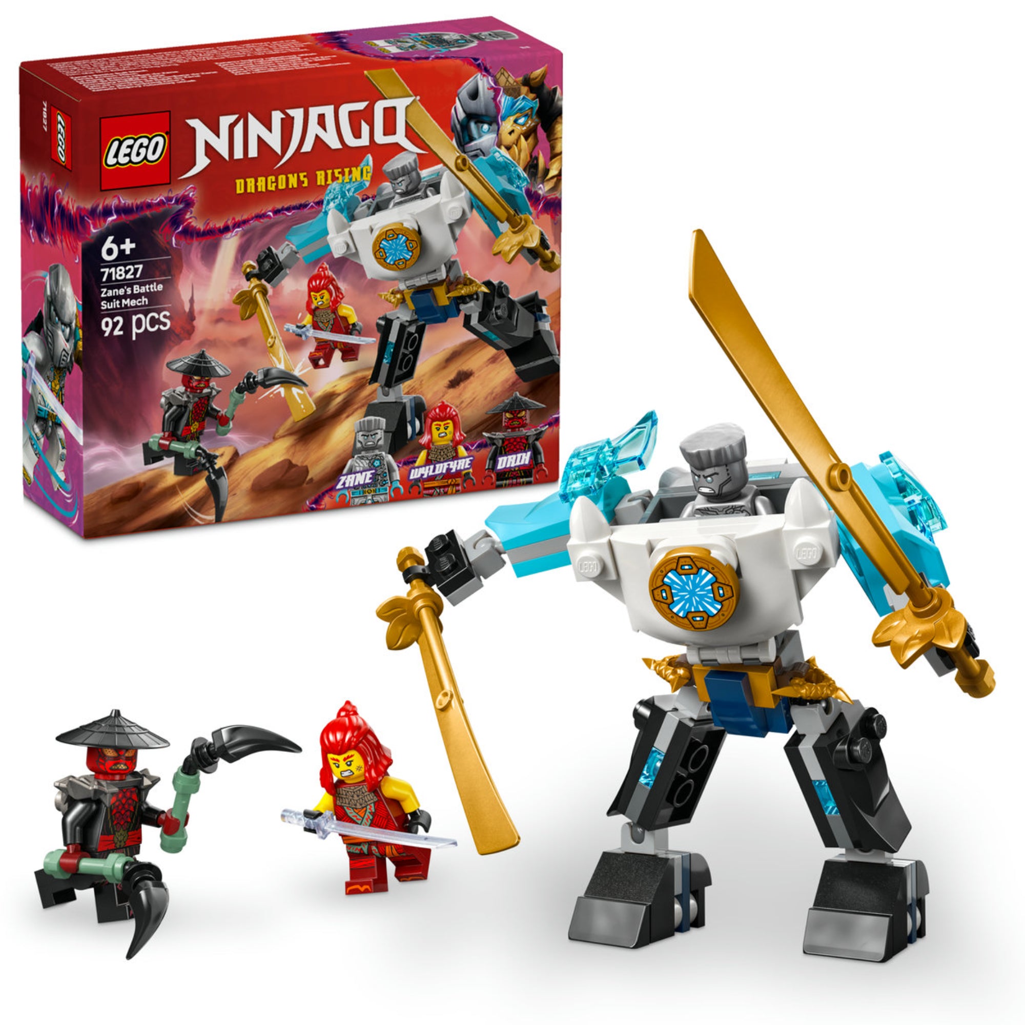 A LEGO NINJAGO Zane harci robotruhája 71827 szett, amely Zane robotjával, Wyldfyre és Drix minifigurákkal látható. Mindegyikük fegyverekkel és részletgazdag kiegészítőkkel van ellátva.