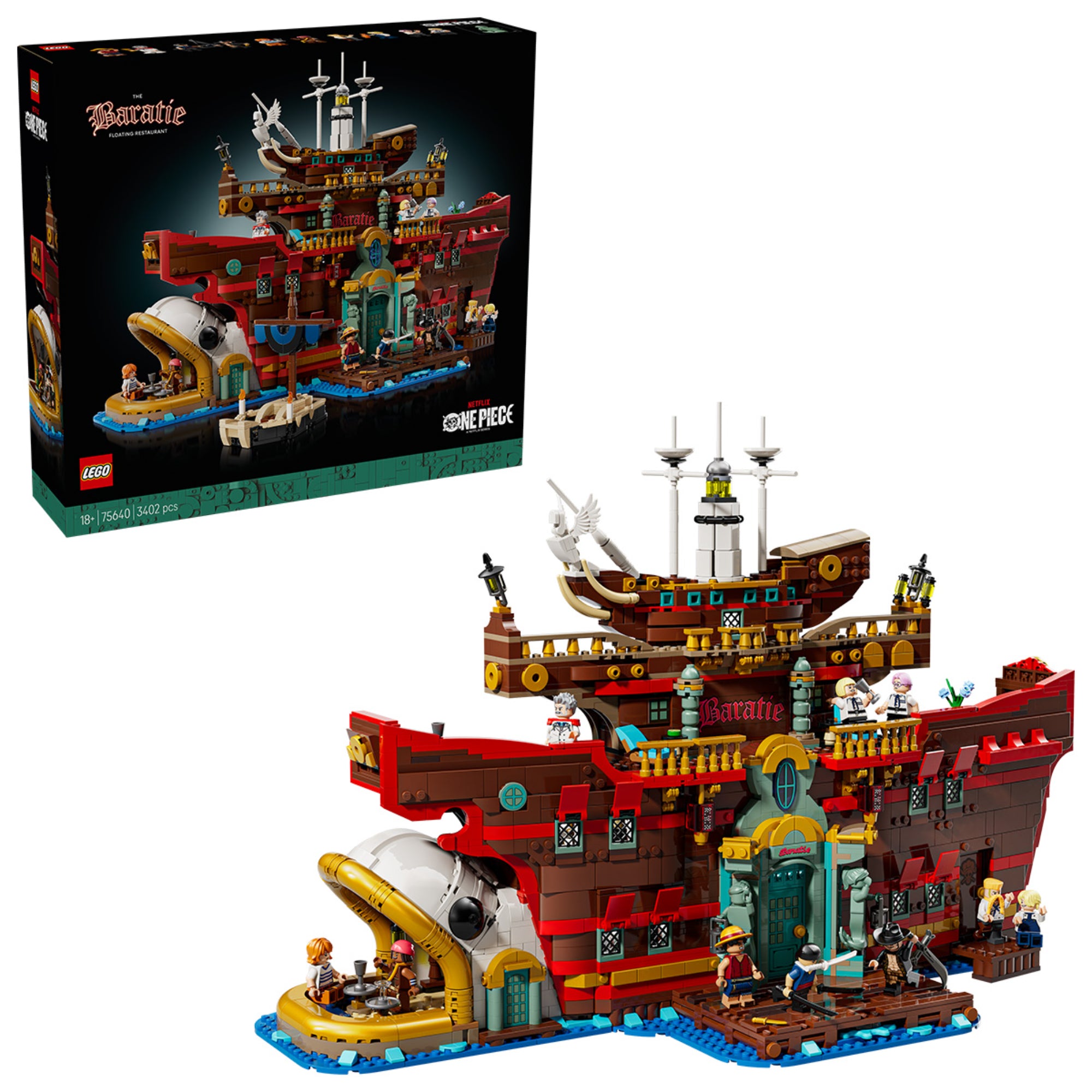 A LEGO One Piece: Baratie Floating Restaurant (75640) doboza és az összerakott úszó étterem, részletgazdag hajóformával, díszletekkel és minifigurákkal.