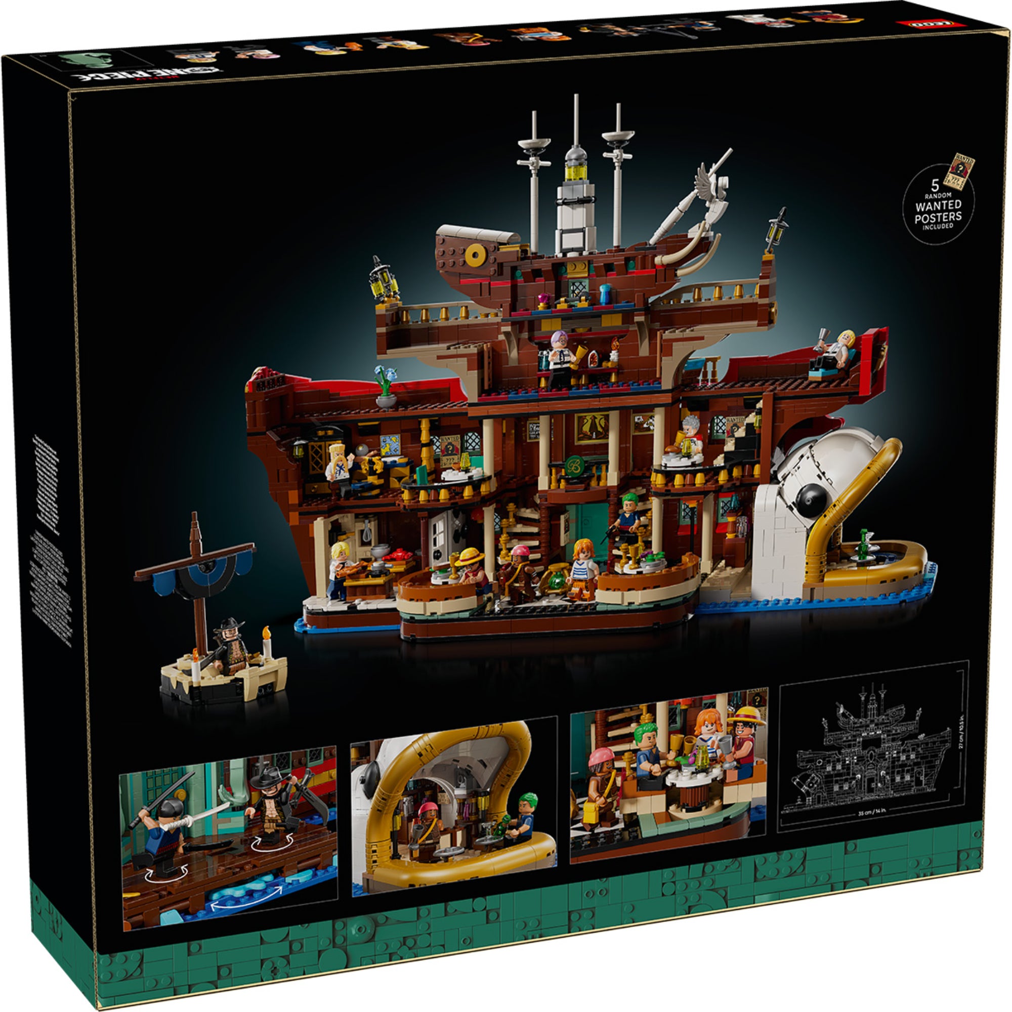 A LEGO One Piece: Baratie Floating Restaurant (75640) doboz hátoldala, a hajó belső tereivel, éttermi jelenetekkel és a minifigurák akciójeleneteivel.