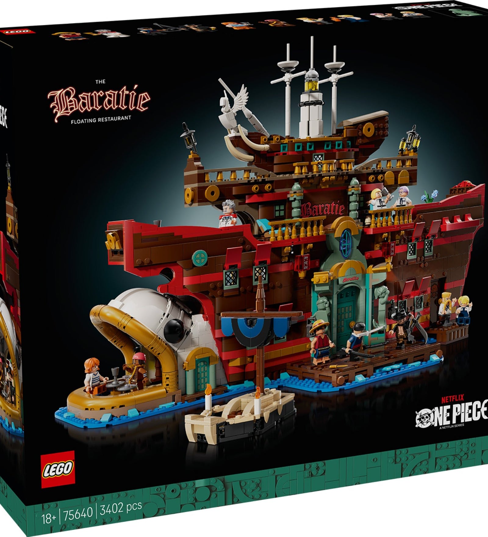 A LEGO One Piece: Baratie Floating Restaurant (75640) doboz előlapja, amely a híres úszó éttermet és a One Piece szereplőit ábrázolja.