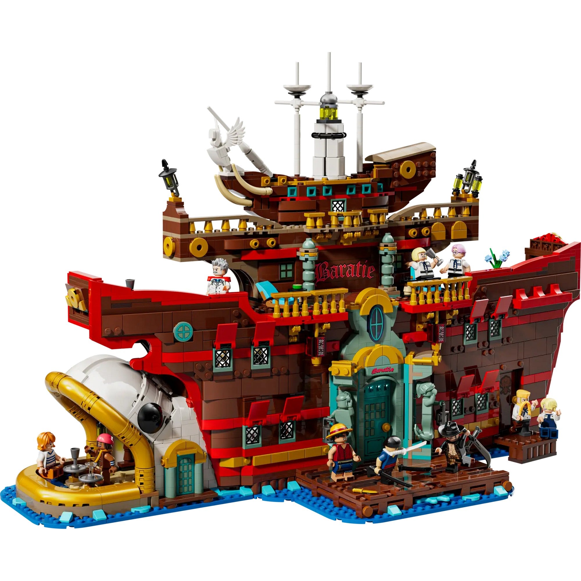 A LEGO One Piece Baratie (75640) készlet részletes modellje, amely a híres úszó éttermet ábrázolja piros-barna hajóformában, minifigurákkal és éttermi jelenetekkel.