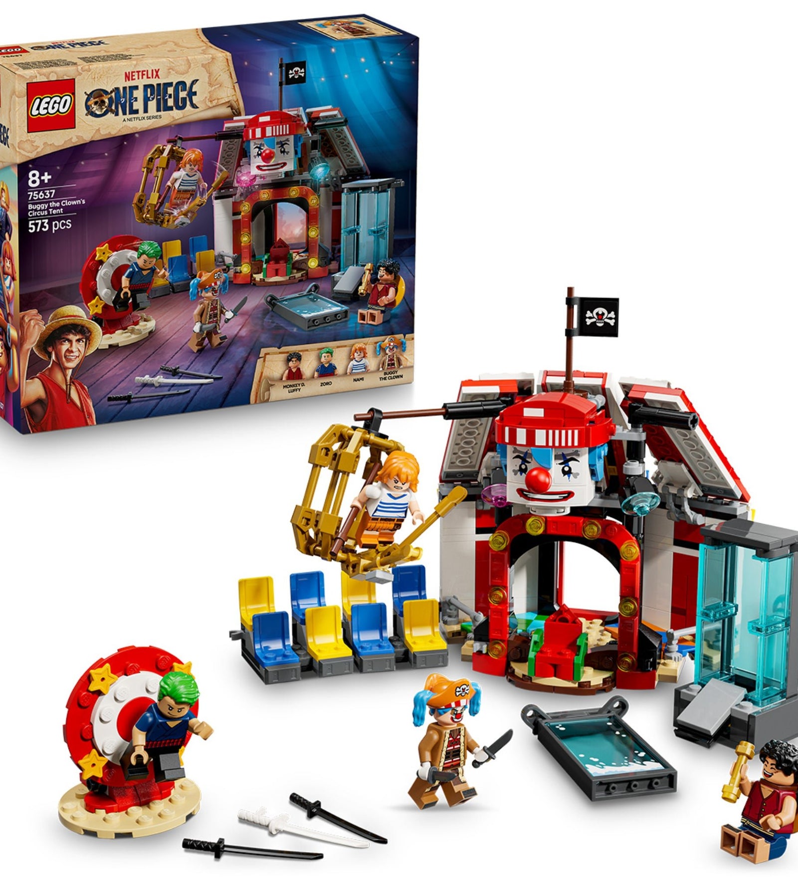 A LEGO One Piece: Buggy the Clown’s Circus Tent (75637) készlet a dobozzal és a teljes jelenettel – arénával, nézőtérrel, trükkös eszközökkel és a négy minifigurával.
