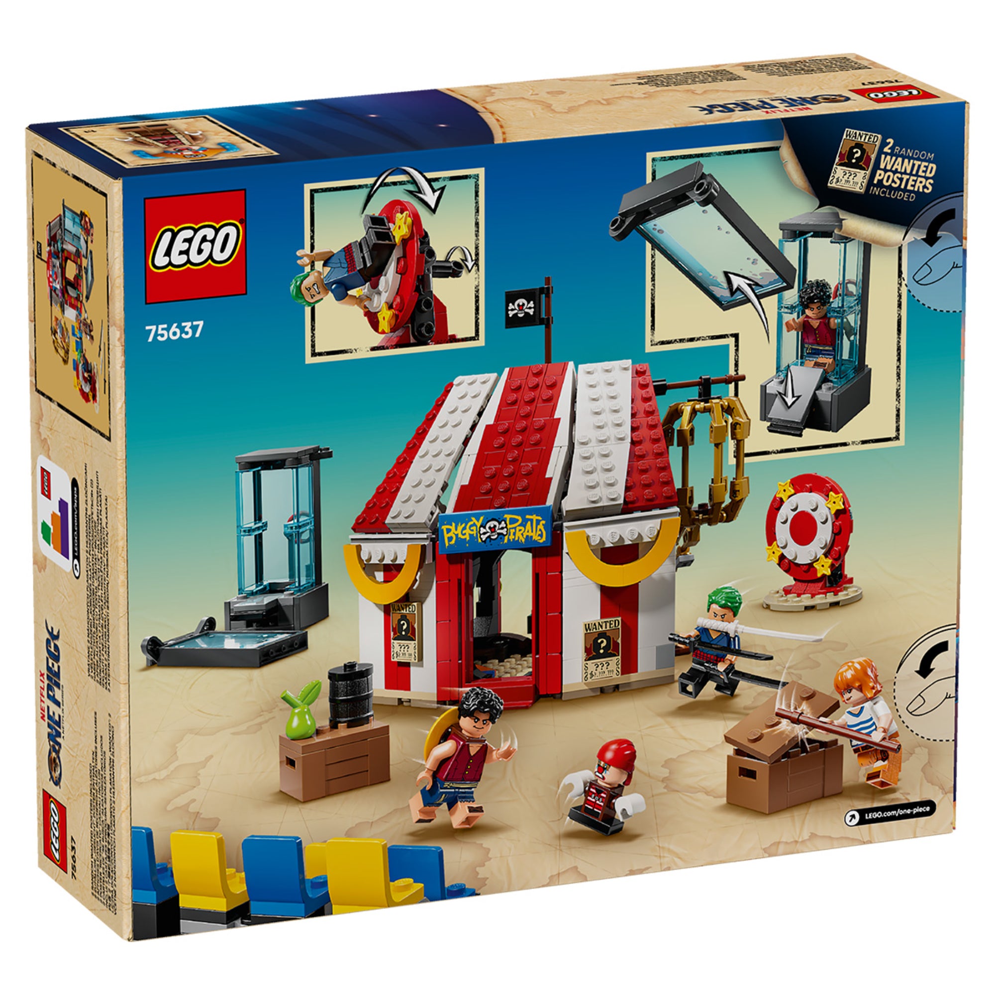A LEGO One Piece: Buggy the Clown’s Circus Tent (75637) doboz hátoldala, amely a sátor belső terét, a forgó mechanikát és a játékos funkciókat mutatja be.