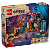 A LEGO One Piece: Buggy the Clown’s Circus Tent (75637) doboza, amelyen a színes cirkuszi sátor, a négy karakter és a játékfunkciók jelennek meg akciójelenetben.