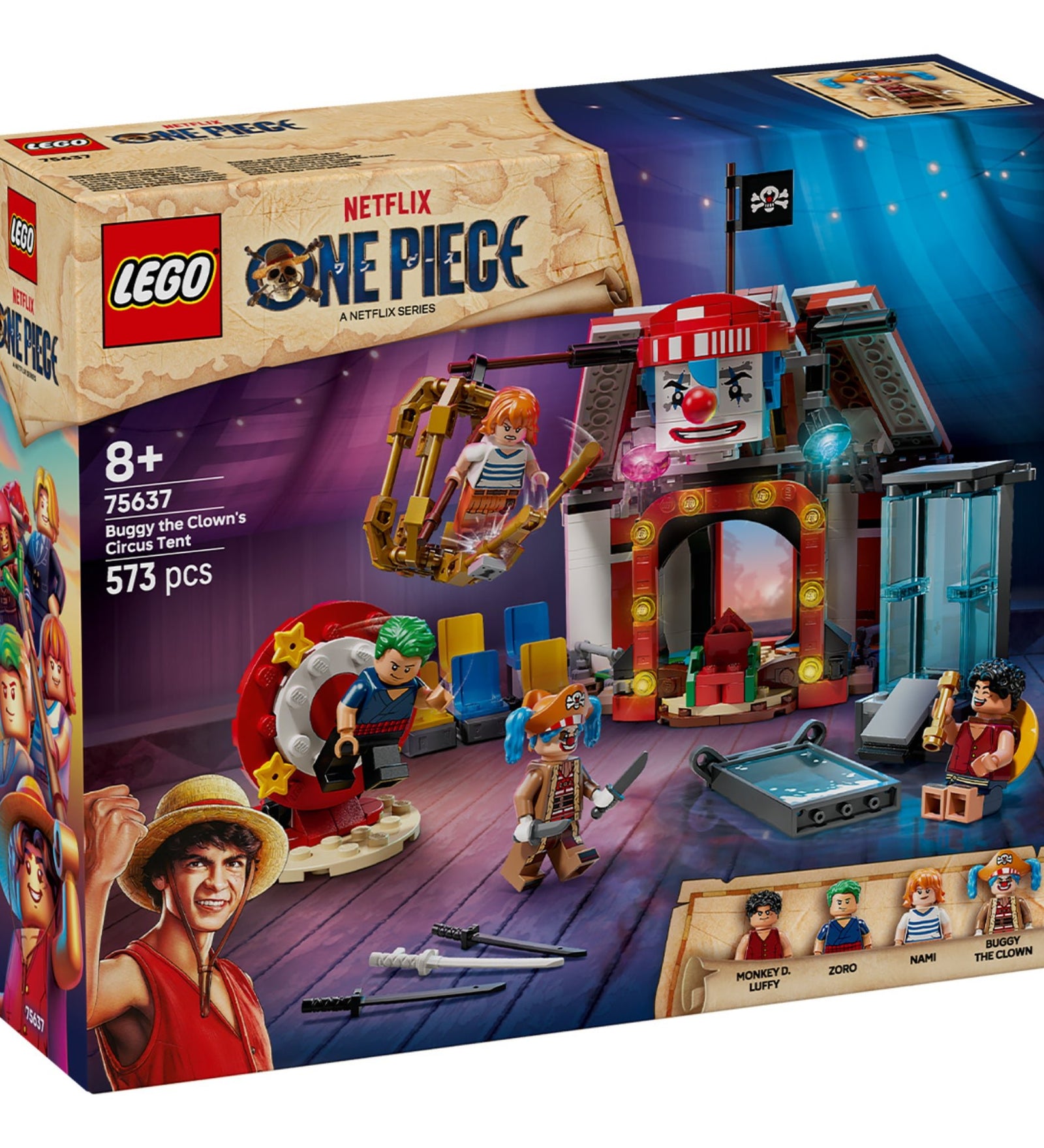 A LEGO One Piece: Buggy the Clown’s Circus Tent (75637) doboza, amelyen a színes cirkuszi sátor, a négy karakter és a játékfunkciók jelennek meg akciójelenetben.