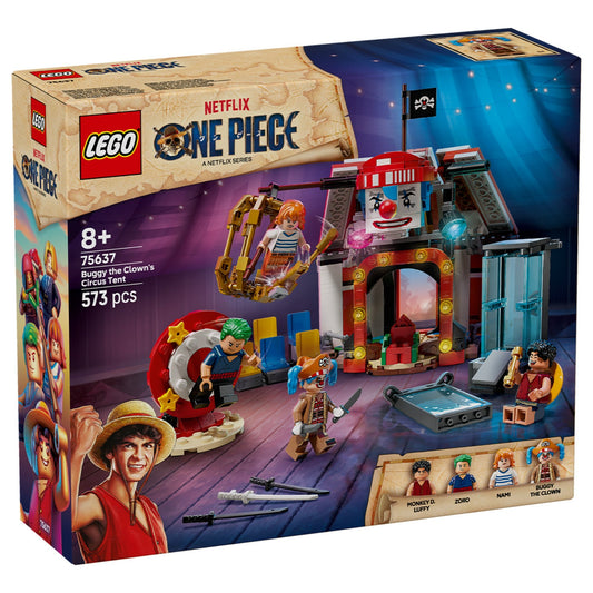 A LEGO One Piece: Buggy the Clown’s Circus Tent (75637) doboza, amelyen a színes cirkuszi sátor, a négy karakter és a játékfunkciók jelennek meg akciójelenetben.