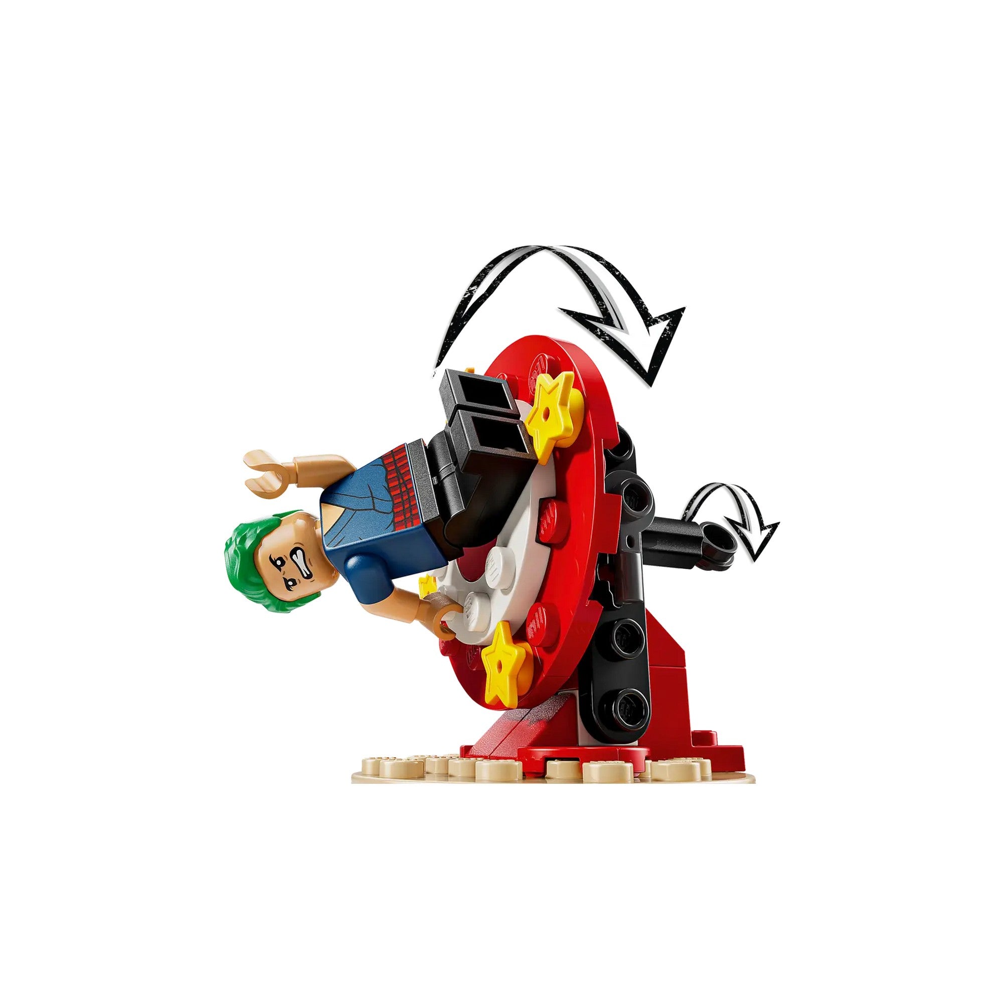 Közelkép a LEGO One Piece: Buggy the Clown’s Circus Tent (75637) forgó célpont funkciójáról, amelyen Zoro minifigurája látható rögzítve.
