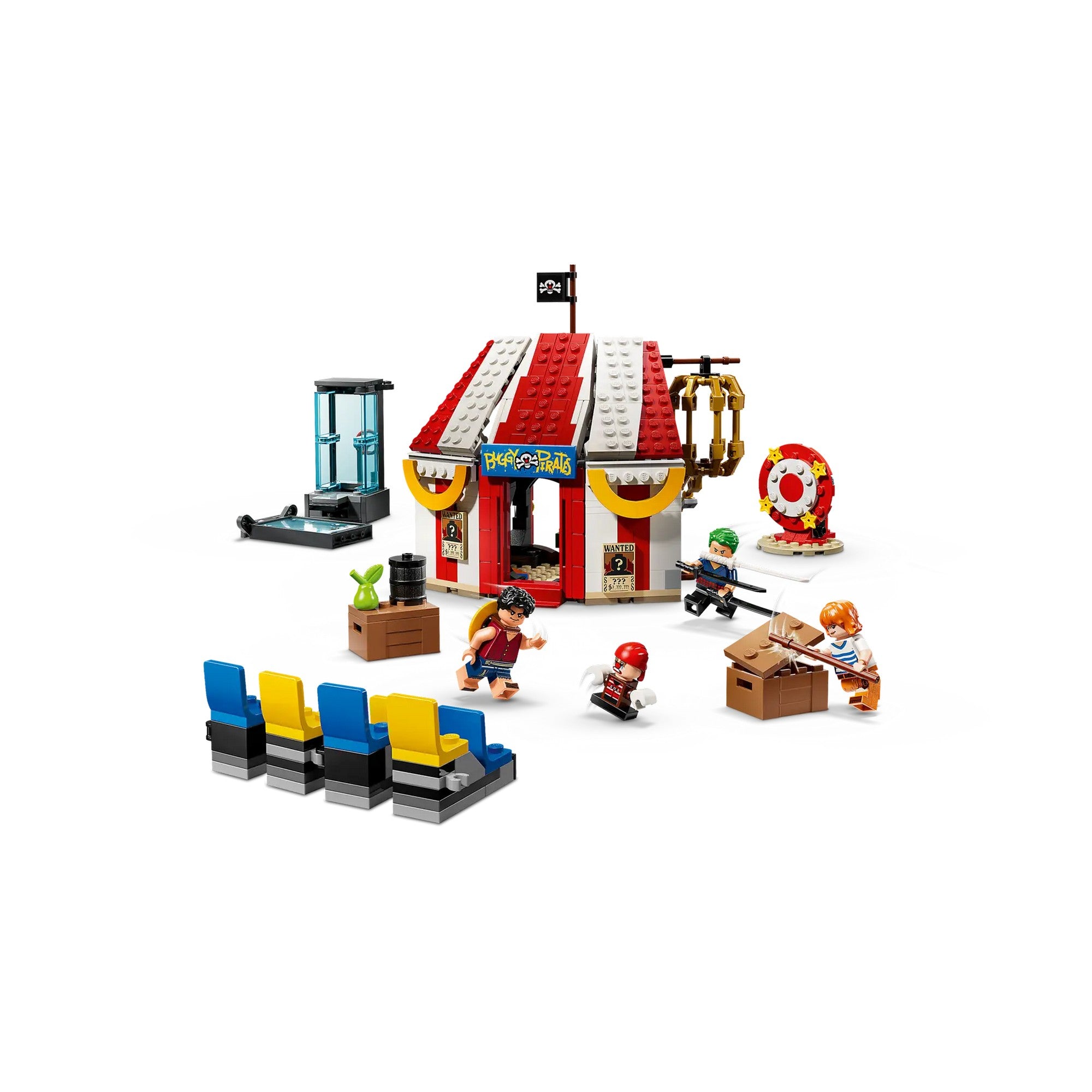 A LEGO One Piece: Buggy the Clown’s Circus Tent (75637) készlet összerakva, a cirkuszi sátorral, arénával, díszletekkel és a minifigurákkal akció közben.