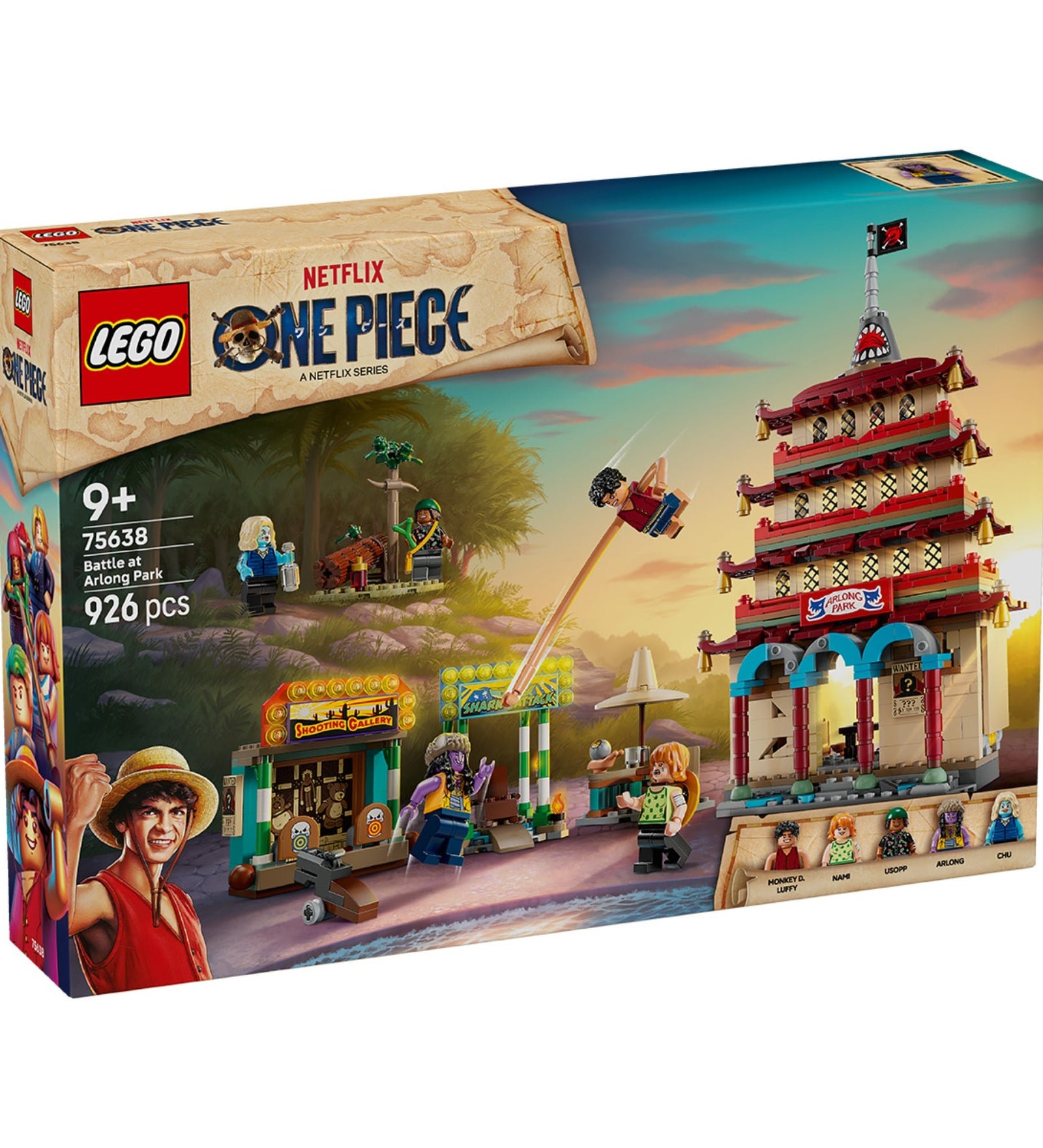A LEGO One Piece: Battle at Arlong Park (75638) doboza, amelyen a tengerparti harci jelenet, az Arlong Park épülete és a főszereplők láthatók.