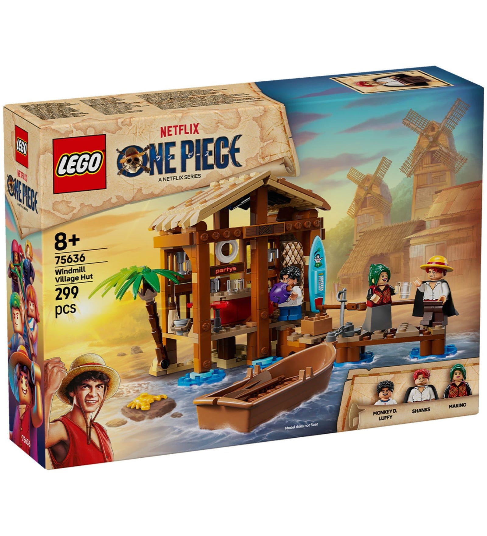 A LEGO One Piece: Windmill Village Hut (75636) doboz eleje, rajta a hangulatos tengerparti kunyhó, a három karakter minifigurája és a sorozat logója a háttérben látható szélmalmokkal.