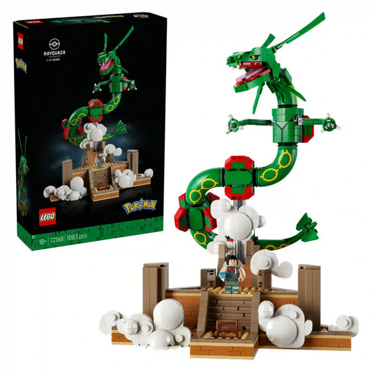 LEGO Pokémon: Rayquaza 72168 készlet doboza és az elkészült, hosszú zöld Rayquaza modell minifigurával.