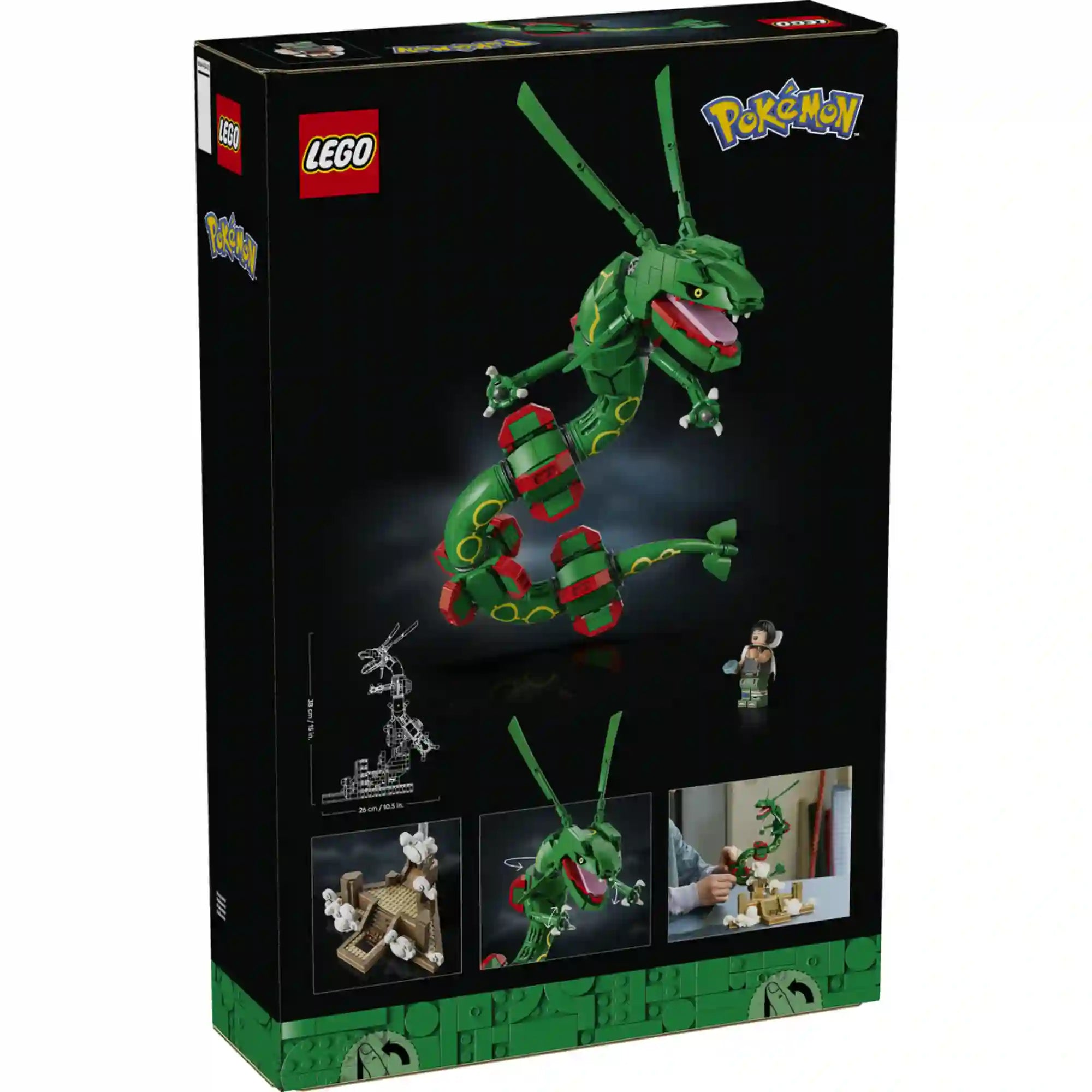 LEGO Pokémon: Rayquaza 72168 dobozának hátoldala a mozgatható Rayquaza modell és a készlet részleteinek bemutatásával.
