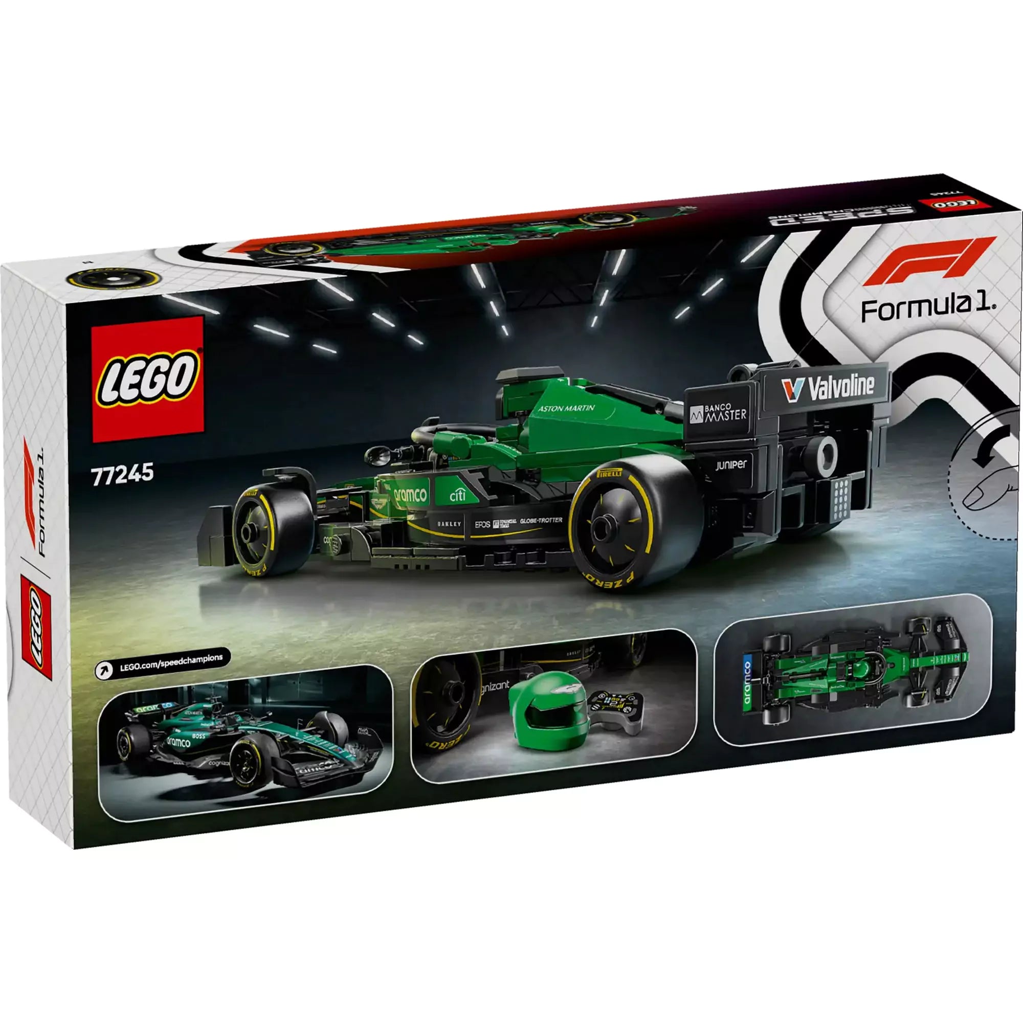 LEGO Speed Champions Aston Martin Aramco F1 AMR24 versenyautó 77245 hátoldali dobozkép, több nézetet is bemutatva.
