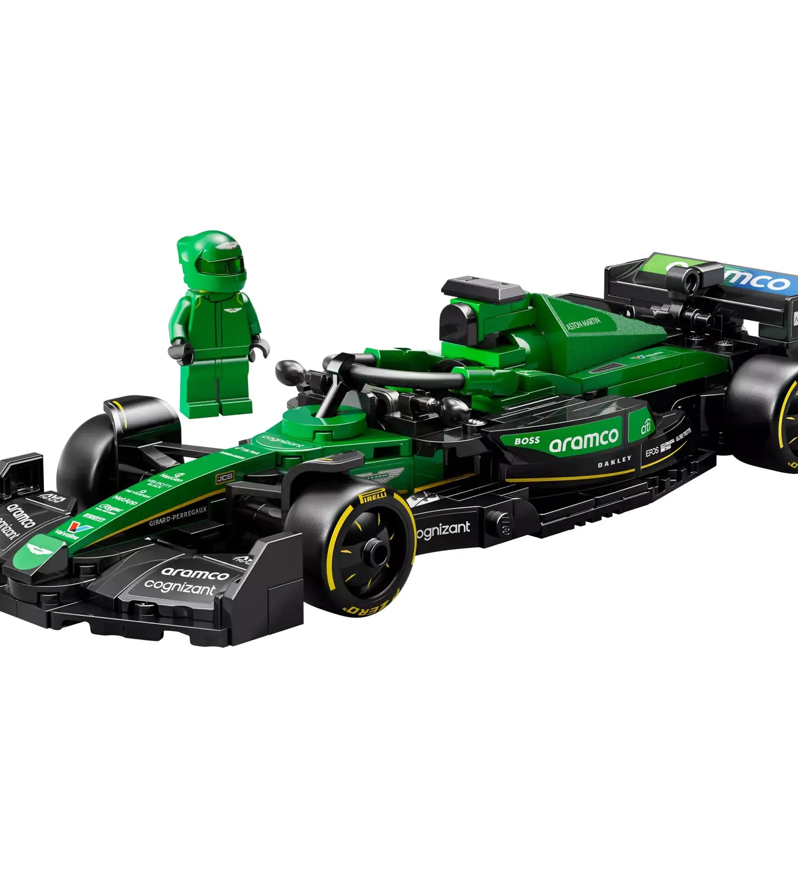LEGO Speed Champions Aston Martin Aramco F1 AMR24 versenyautó 77245, a zöld Formula–1-es autó minifigurával.