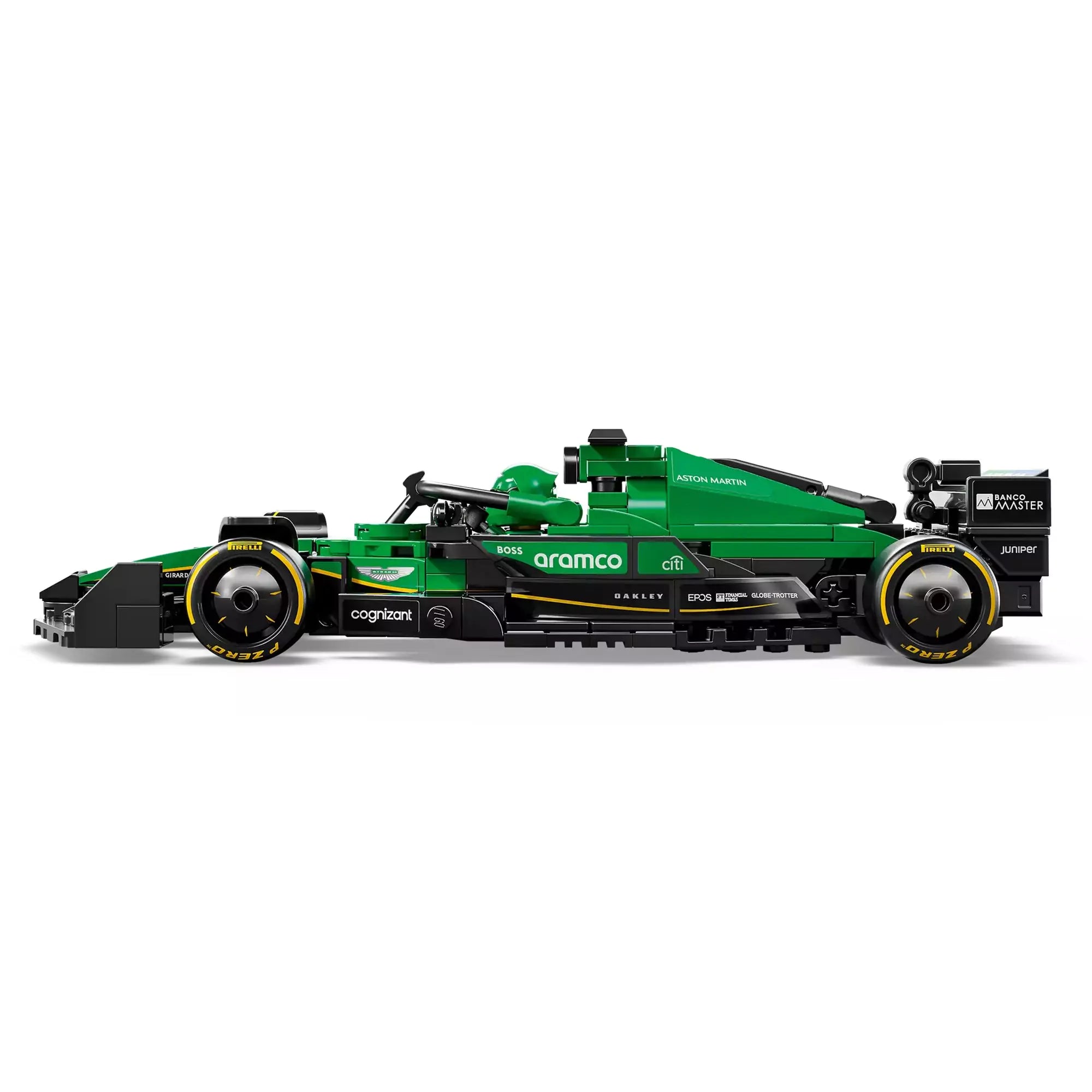 LEGO Speed Champions Aston Martin Aramco F1 AMR24 versenyautó 77245 oldalnézetből, részletes kidolgozással.