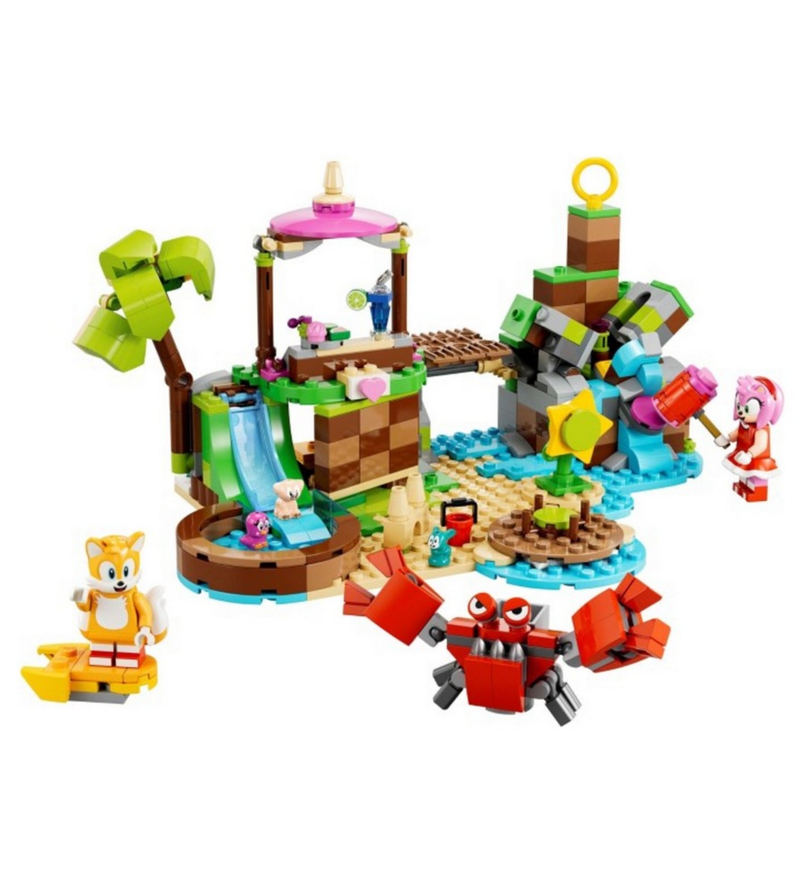 A LEGO 76992-es Amy állatmentő szigete készlet összes fontos eleme látható: vízesés, napernyő, kis csúszda, trópusi hangulatú elemek, Amy, Tails, kisállatok és egy rák figura.
