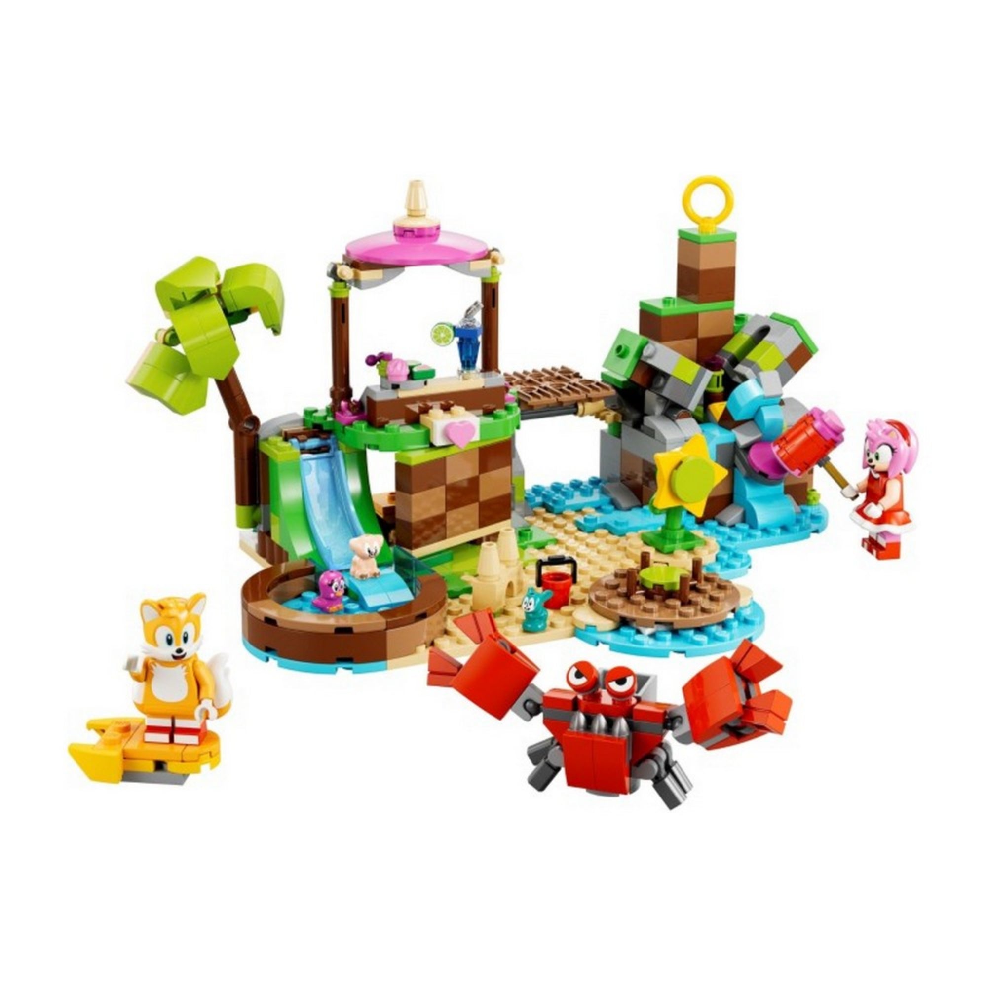 A LEGO 76992-es Amy állatmentő szigete készlet összes fontos eleme látható: vízesés, napernyő, kis csúszda, trópusi hangulatú elemek, Amy, Tails, kisállatok és egy rák figura.