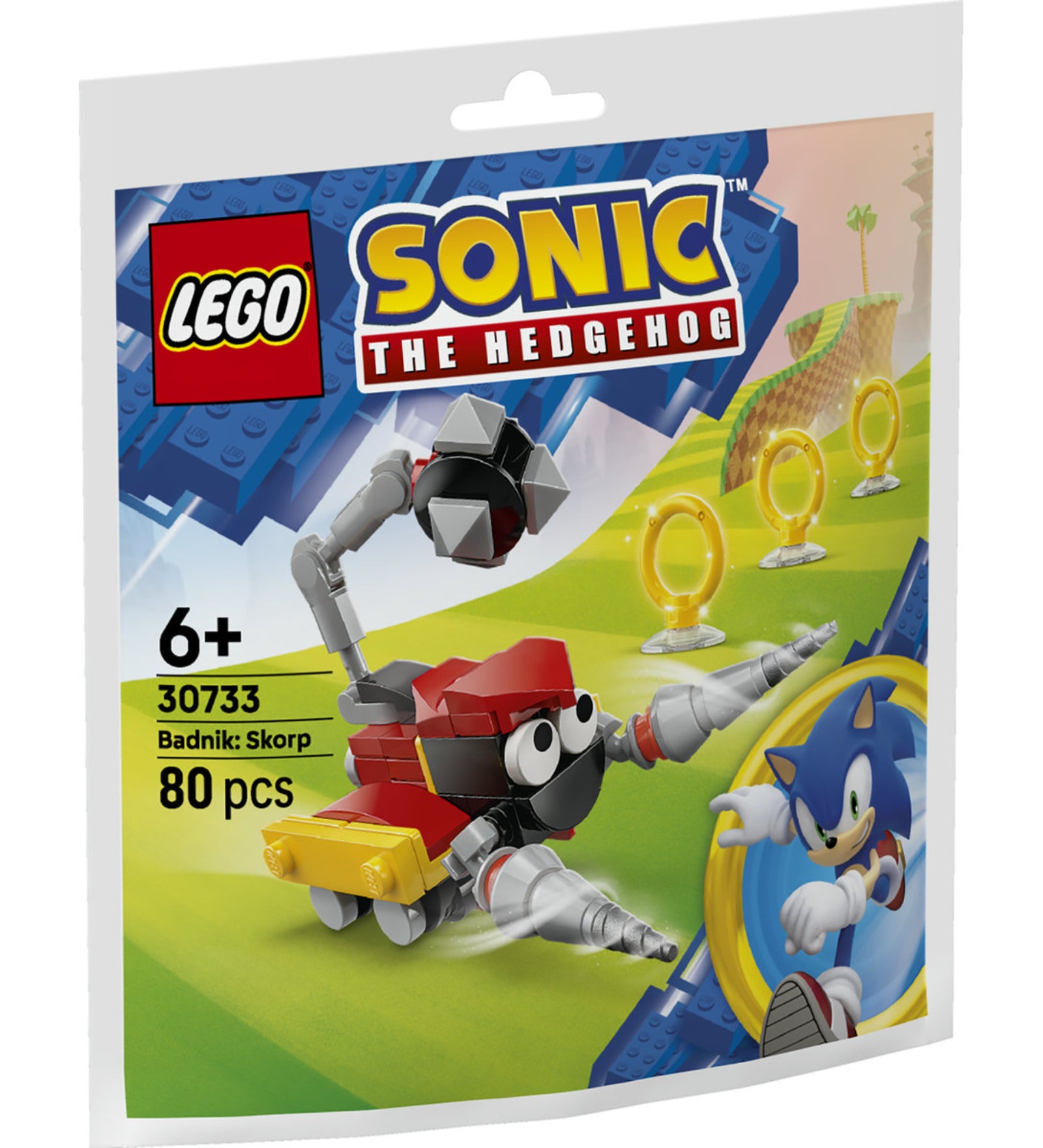 LEGO Sonic the Hedgehog Badnik: Skorp 30733 polybag csomagolás a Skorp robot ellenséggel és arany gyűrűkkel.