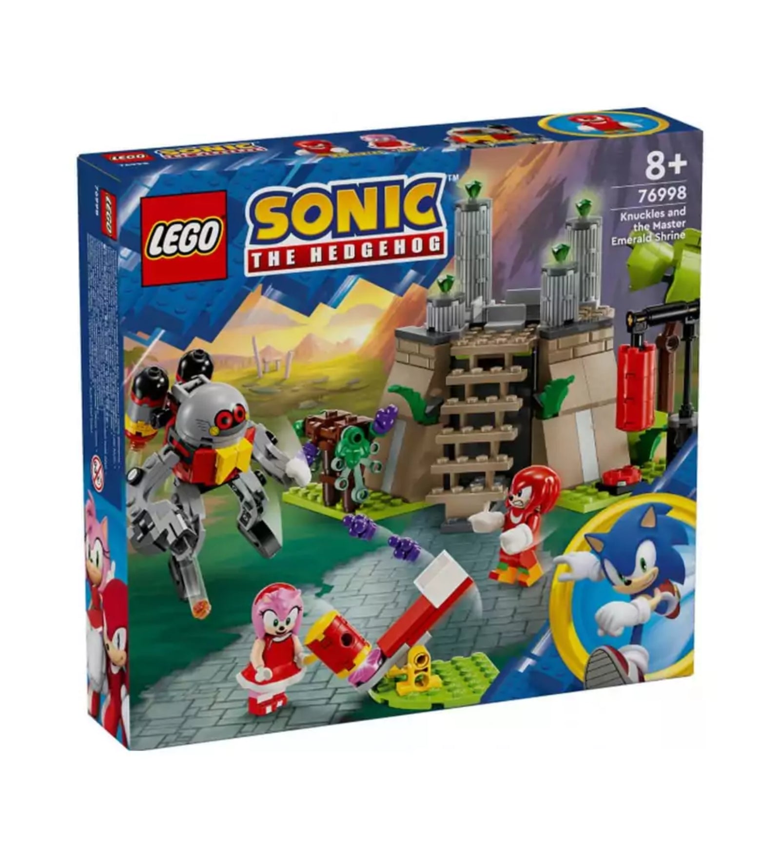 A LEGO 76998-as készlet doboza, amely a Knuckles és a Master Emerald szentély jelenetet ábrázolja, robotikus ellenséggel, Amy kalapáccsal és Knuckles karakterrel a főszerepben.