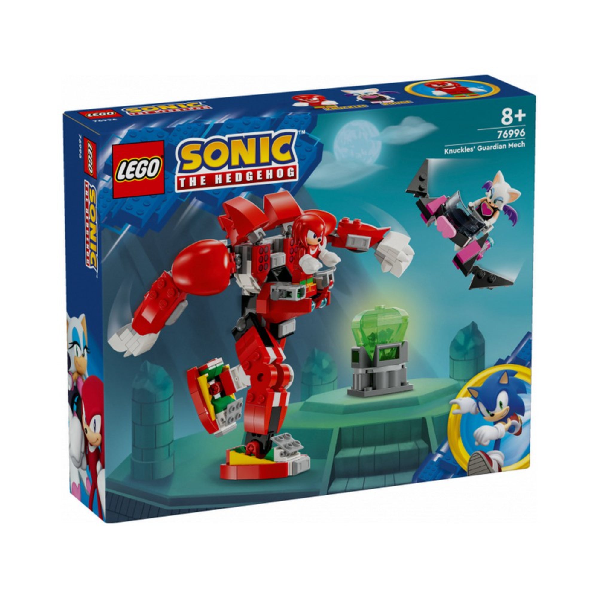 A képen a LEGO Sonic the Hedgehog sorozat „Knuckles’ Guardian Mech” (76996) nevű szettje látható. A dobozon egy nagy piros robot jelenik meg, amelyet Knuckles irányít. A robot masszív karokkal, erős lábakkal és részletes kialakítással rendelkezik, harcra készen áll. Mellette Rouge, a denevér repül támadó pózban, miközben célba veszi a kép közepén elhelyezett zöld káosz smaragdot, amely egy talapzaton világít.A dobozon a jól ismert Sonic the Hedgehog logó látható, valamint Sonic portréja is megjelenik.