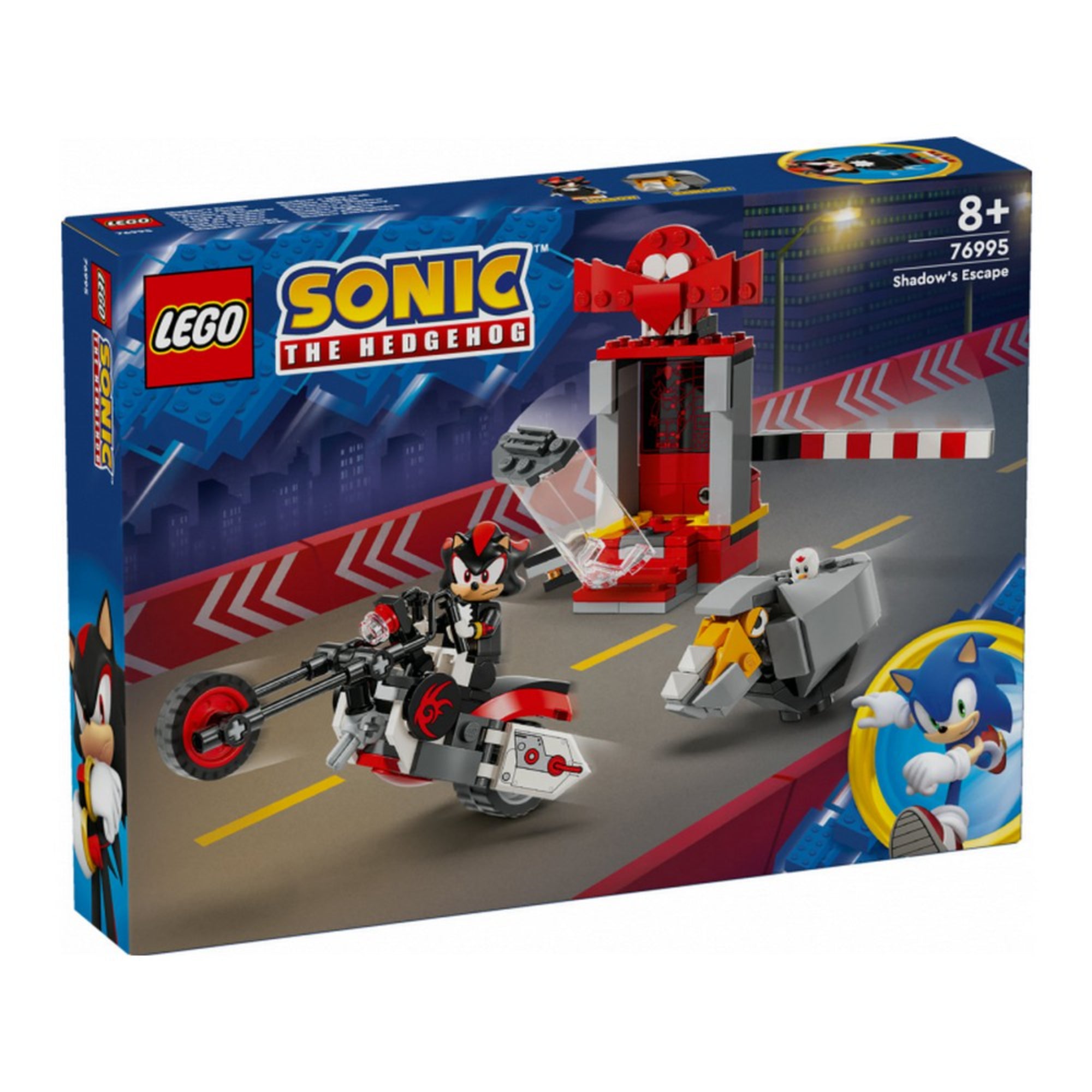 Ez a kép a LEGO Sonic the Hedgehog – Shadow’s Escape (76995) készlet dobozát mutatja be, amely izgalmas menekülős jelenetet ábrázol a Sonic-univerzum egyik legikonikusabb szereplőjével.